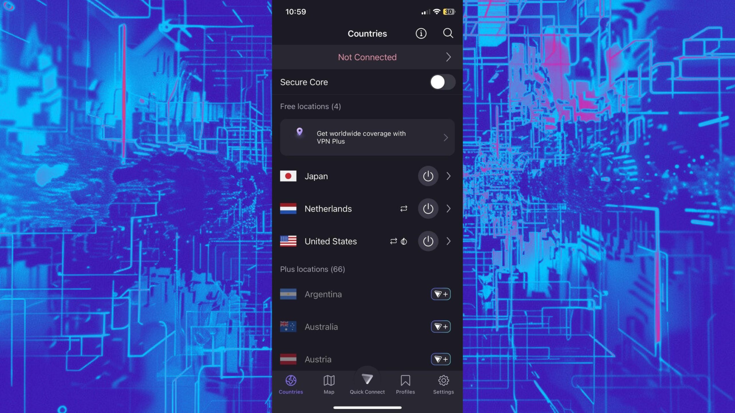 VPN app interface showing connection options for Japan, Netherlands, and United States, with additional plus locations in a digital background.