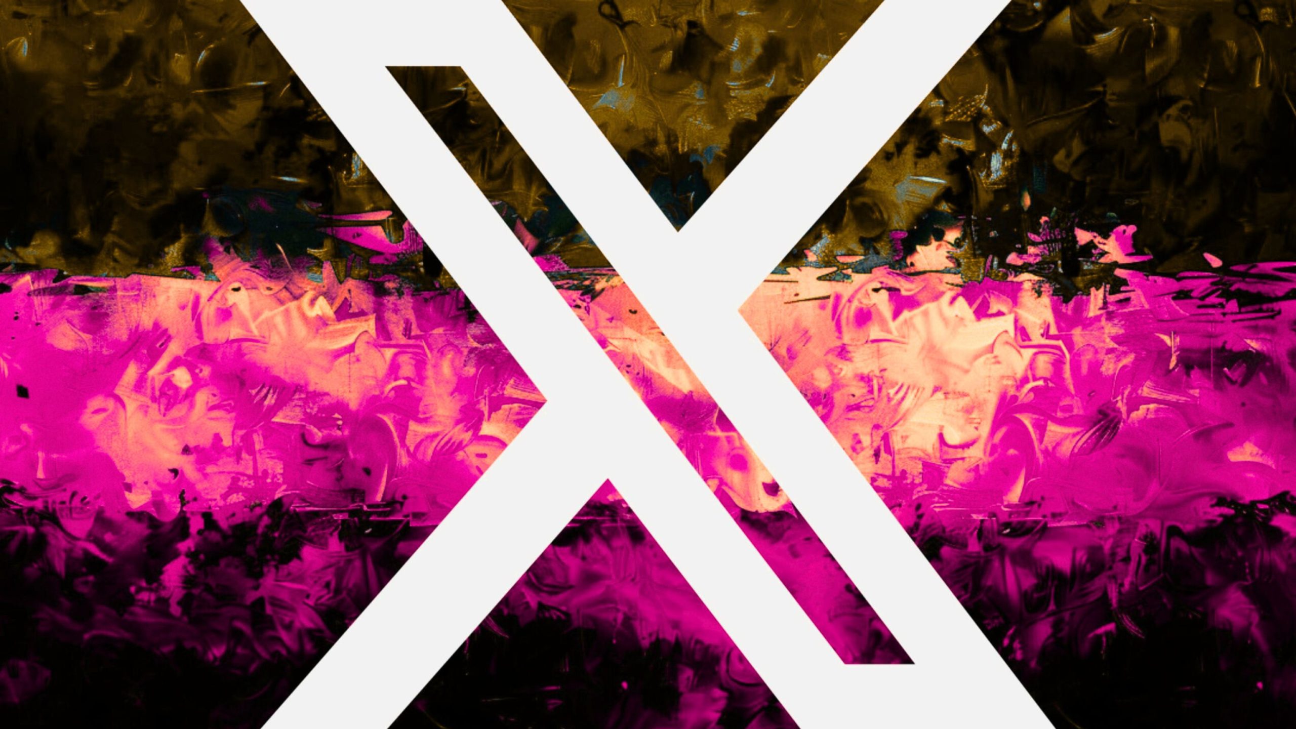 White geometric X over a textured abstract painting of bright magenta and dark brown brushstrokes.
