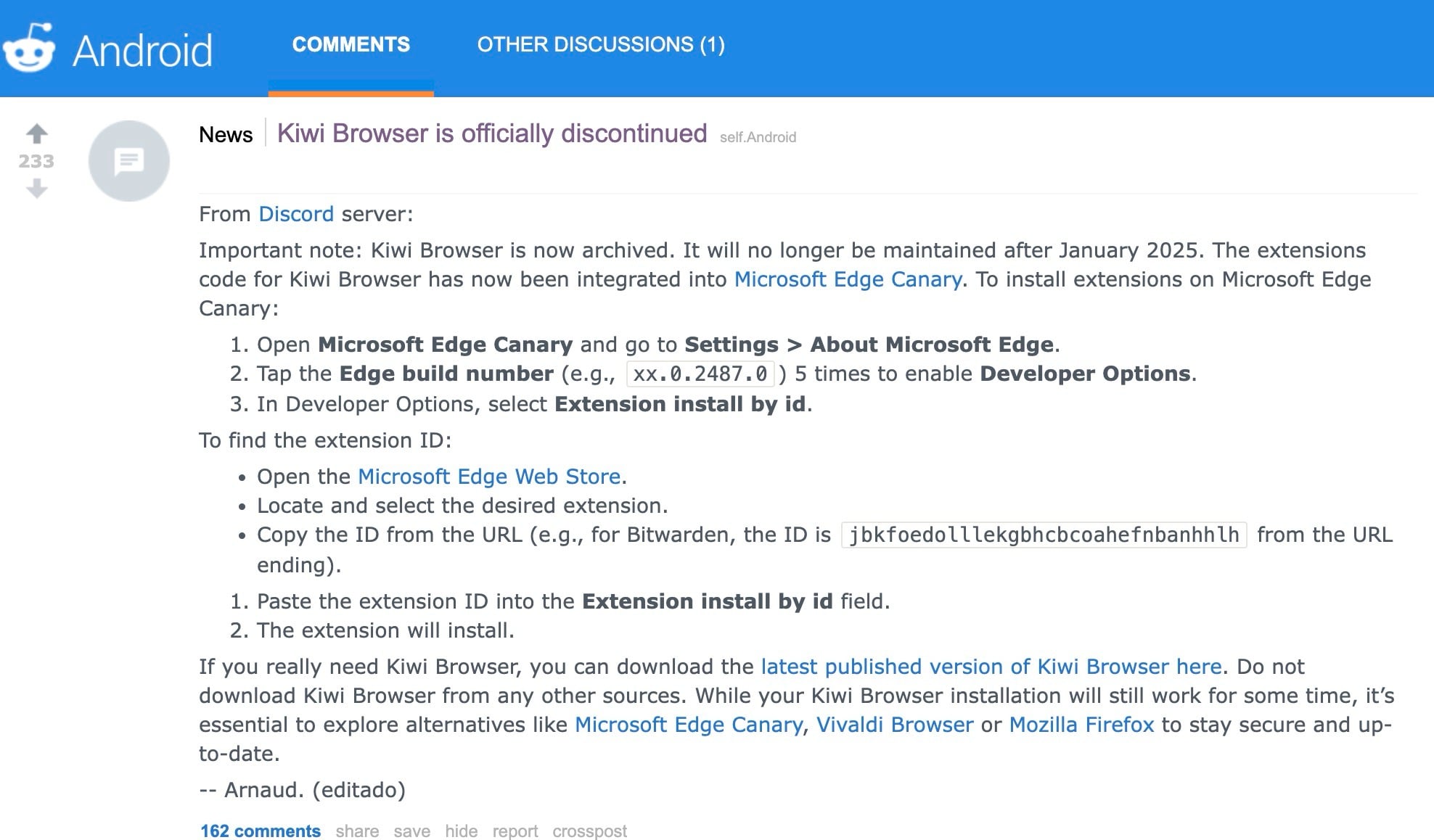 Reddit post announcing "Kiwi Browser is officially discontinued," with instructions on using Microsoft Edge Canary for extensions and a note on alternatives like Vivaldi Browser and Mozilla Firefox.