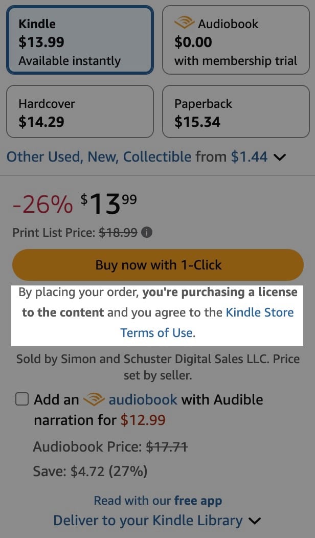 Amazon purchase options for a book, featuring Kindle version at $13.99, audiobook at $0.00 with membership trial, hardcover at $14.29, and paperback at $15.34. A highlighted price of $13.99 reflects a 26% discount from the print list price of $18.99. The option to buy now with 1-Click and a note about purchasing a license are included, with audiobook add-on available for $12.99.