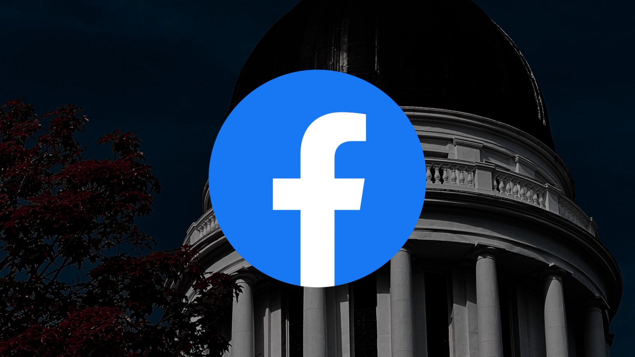 Facebook logo superimposed over a dark image of a classical building with columns.