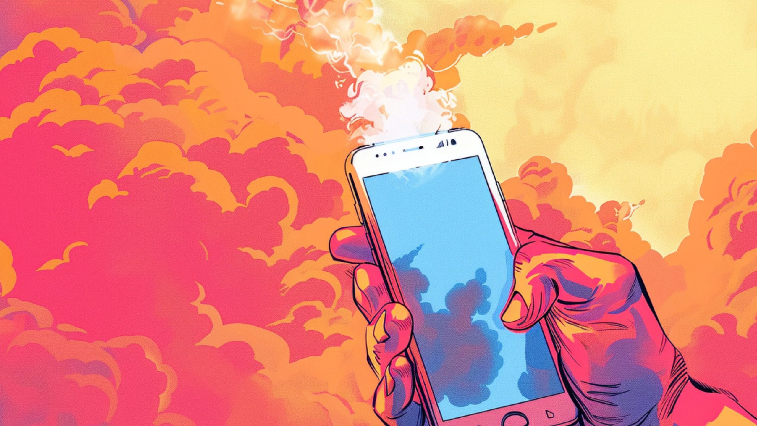 A hand holding a smartphone against a vibrant, cloud-filled background.