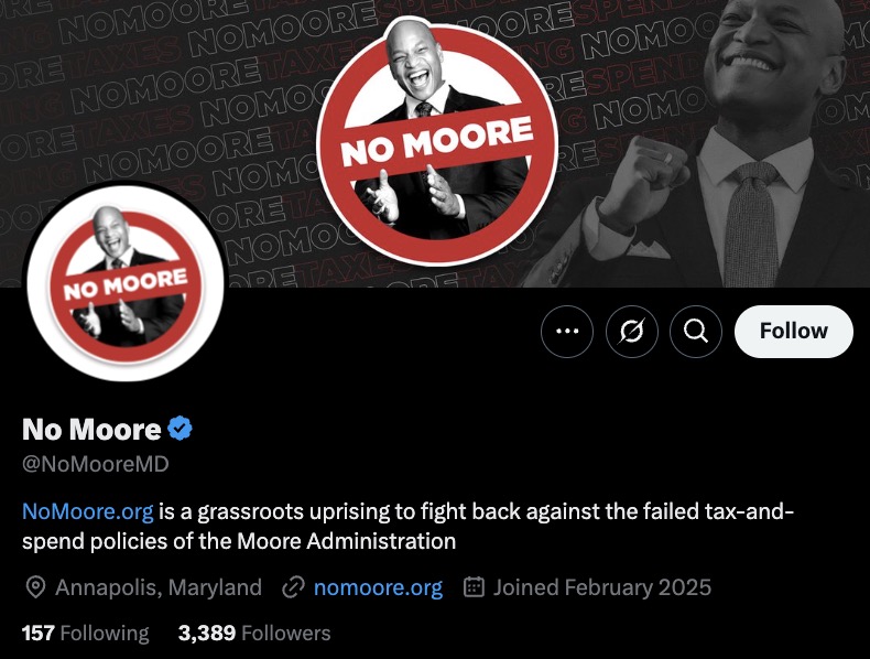 Twitter profile page for 'No Moore' featuring a black-and-white profile photo of a person inside a red circle with the words 'NO MOORE.' The background repeats the text 'NOMORE TAXES SPEND.' The bio states it's a grassroots movement against the Moore Administration's tax-and-spend policies, based in Annapolis, Maryland.