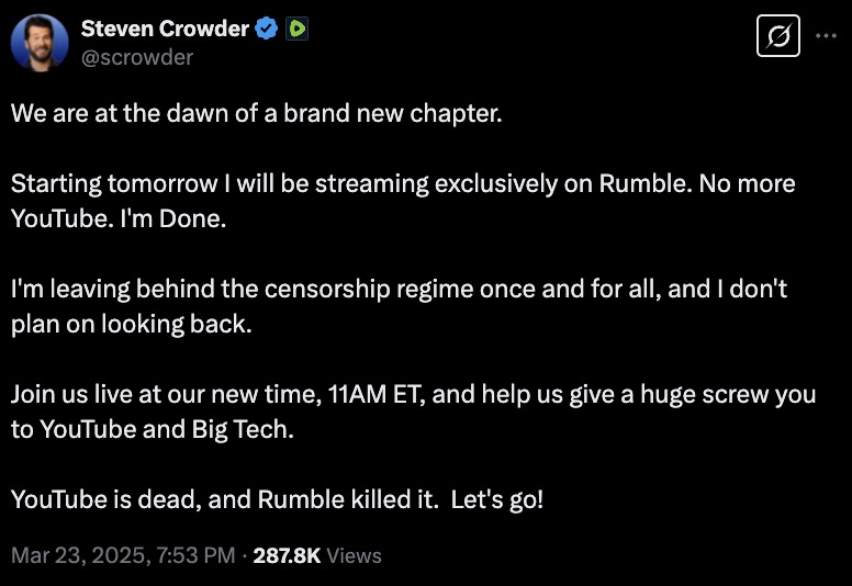 A tweet by Steven Crowder announces that starting tomorrow, he will stream exclusively on Rumble, leaving YouTube due to censorship issues. He encourages followers to join live at 11AM ET, declaring YouTube defeated by Rumble. The tweet was posted on Mar 23, 2025, with 287.8K views.