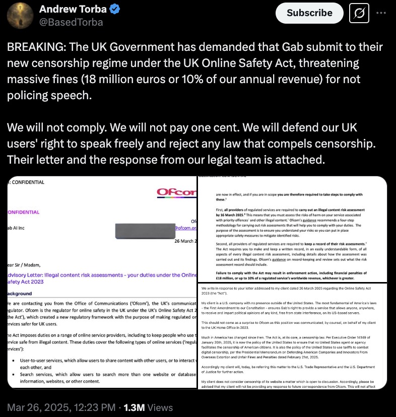 A tweet from Andrew Torba with a headline about resisting the UK Government's demands for Gab to comply with the UK Online Safety Act. It mentions fines and the intent to protect free speech. Included is an image of a letter, with sections highlighted, presumably from or concerning the legal correspondence on the issue.