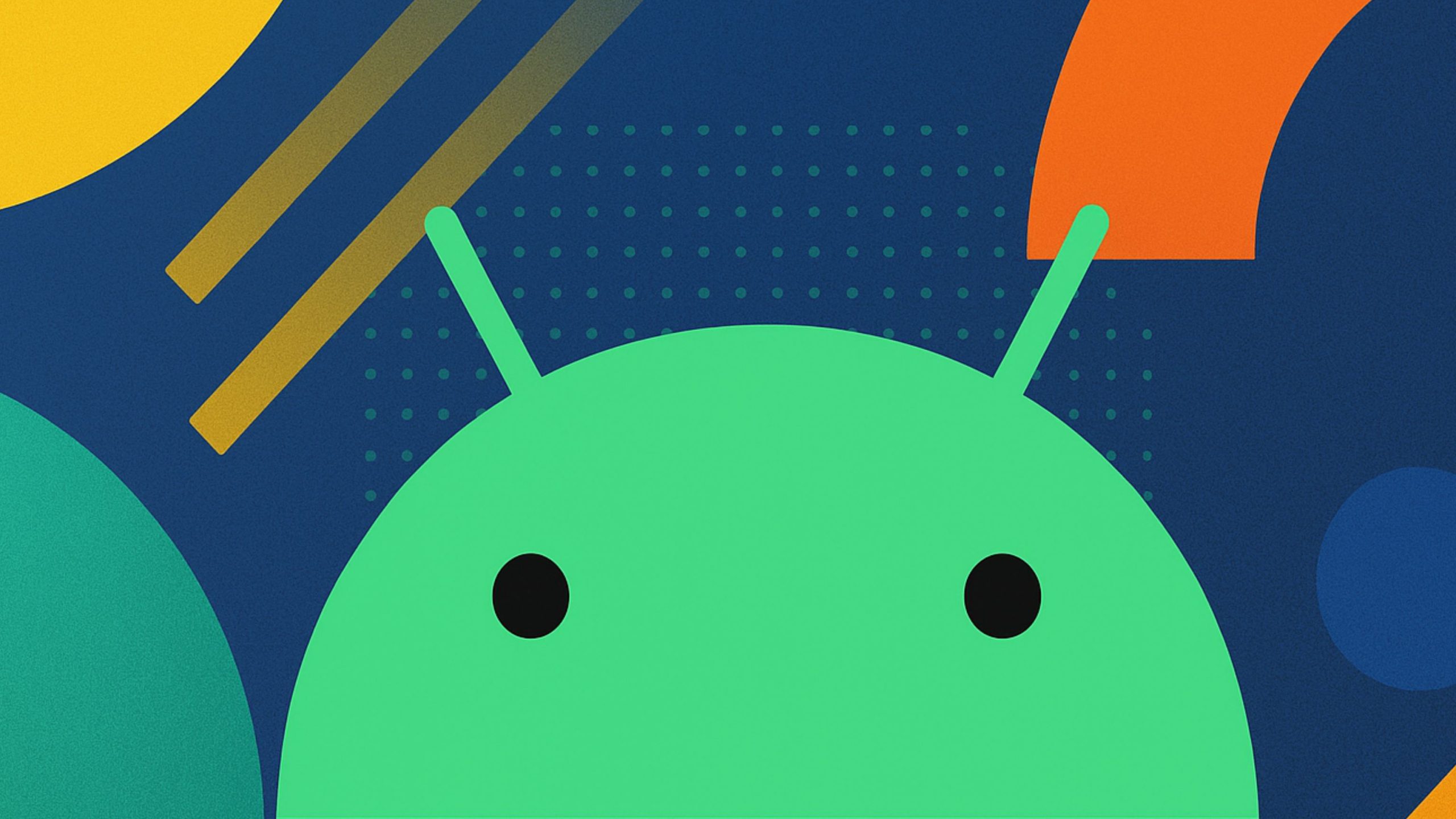 A green Android robot head with antennae, set against a colorful abstract background featuring geometric shapes like circles, lines, and dots in various colors including yellow, orange, and blue.