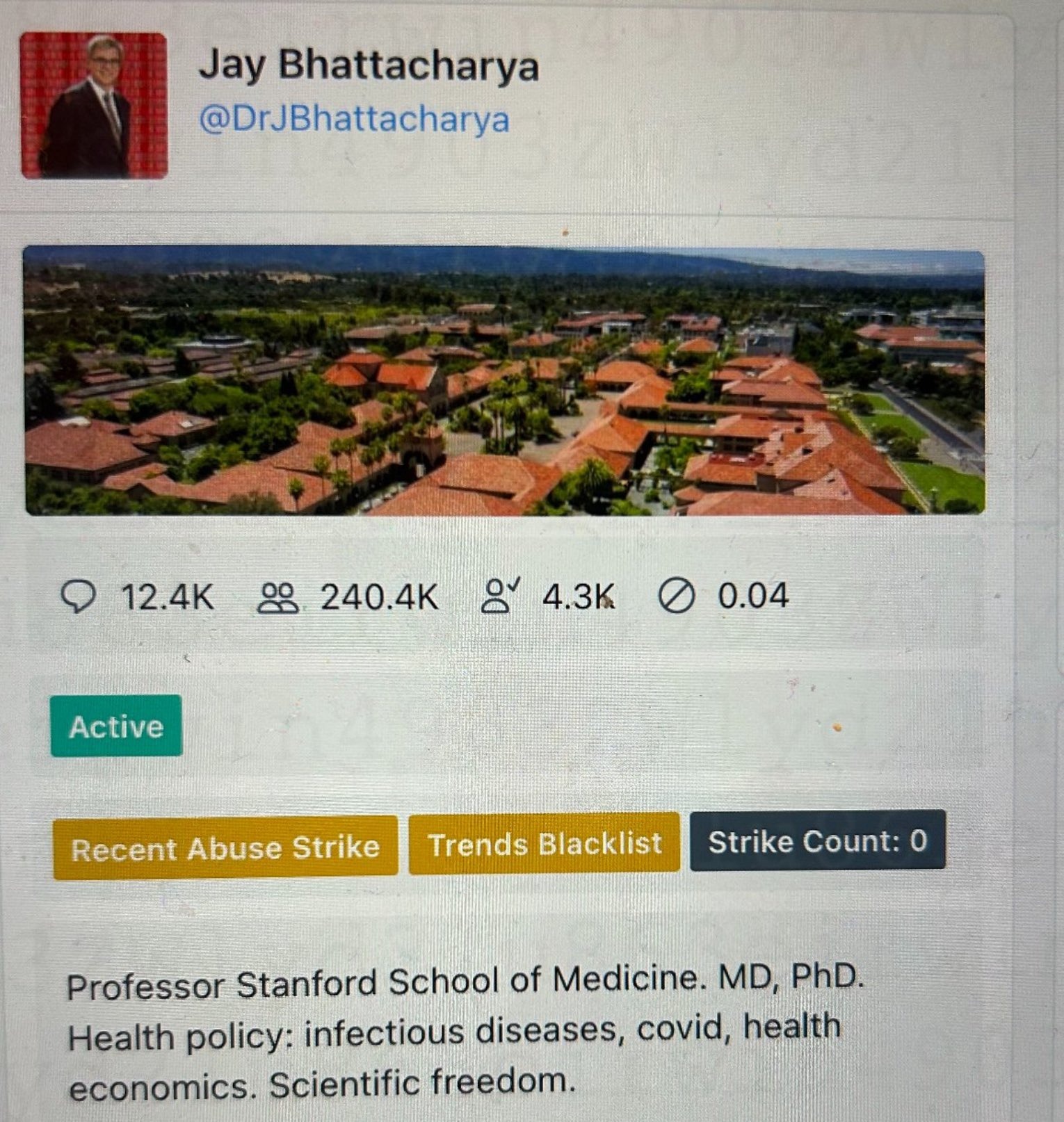 A screenshot of a social media profile for a person named Jay Bhattacharya with a username @DrJBhattacharya. The profile header image shows an aerial view of a campus with red-tiled roofs, likely Stanford University. The profile statistics indicate 12.4K comments, 240.4K followers, 4.3K followed accounts, and a 0.04 rate. The status is marked as 'Active' with a 'Recent Abuse Strike', 'Trends Blacklist', and a 'Strike Count' of 0. The bio describes Jay Bhattacharya as a Professor at Stanford School of Medicine with expertise in health policy, infectious diseases, COVID-19, health economics, and scientific freedom."