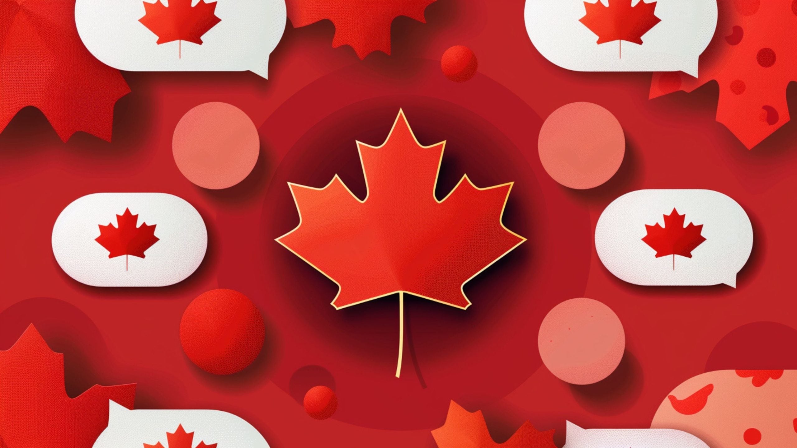 A red and white illustration featuring multiple Canadian maple leaf symbols within speech bubbles and circles against a red background.
