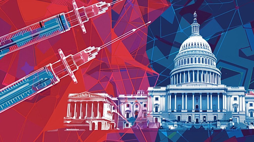 Illustration of the US Capitol building with two large syringes overlayed against a red and blue geometric background, representing the intersection of politics and healthcare.