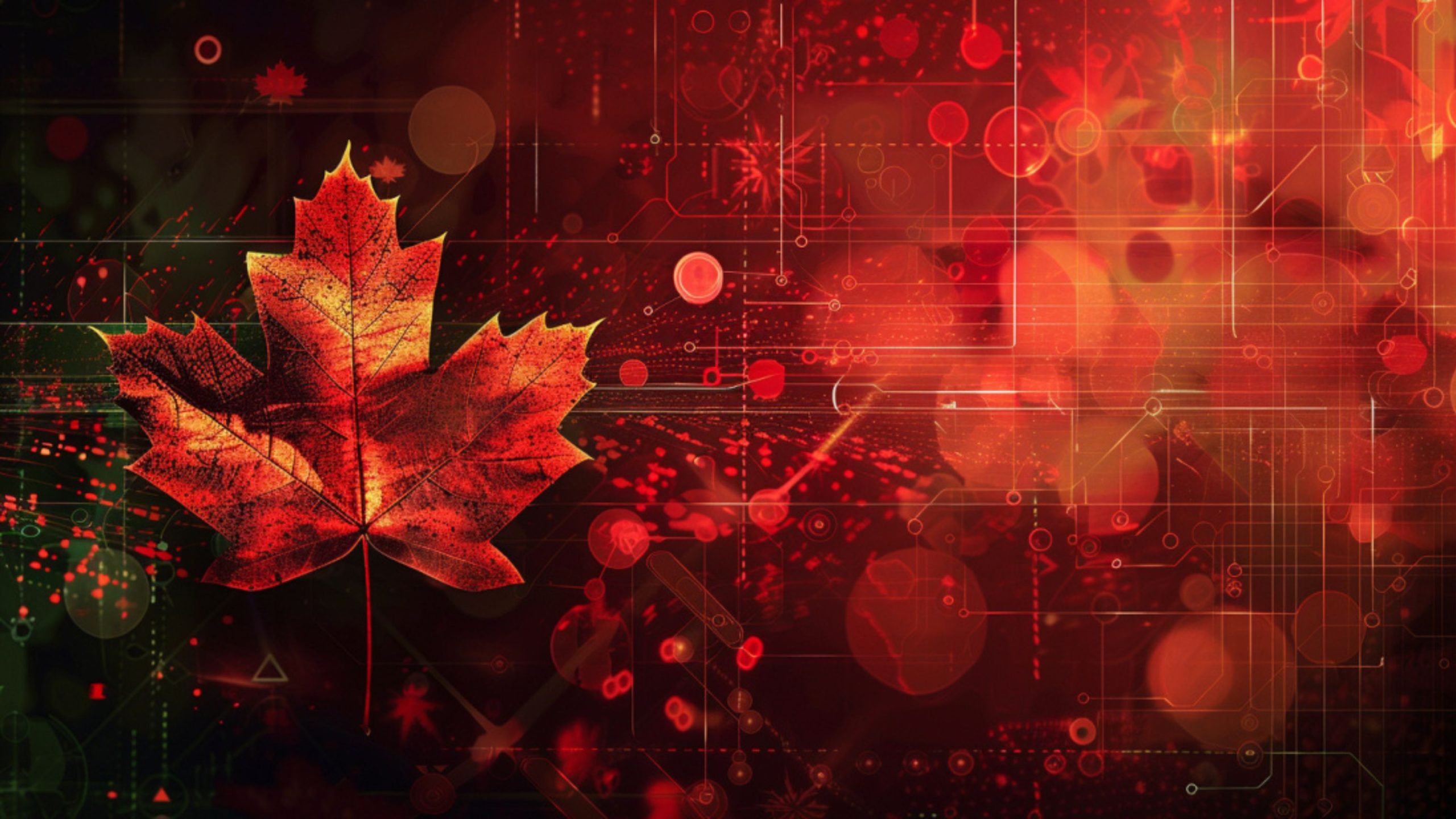 A digital art design featuring a red maple leaf against a background of abstract geometric shapes and glowing red and orange circles, creating a high-tech, vibrant atmosphere.