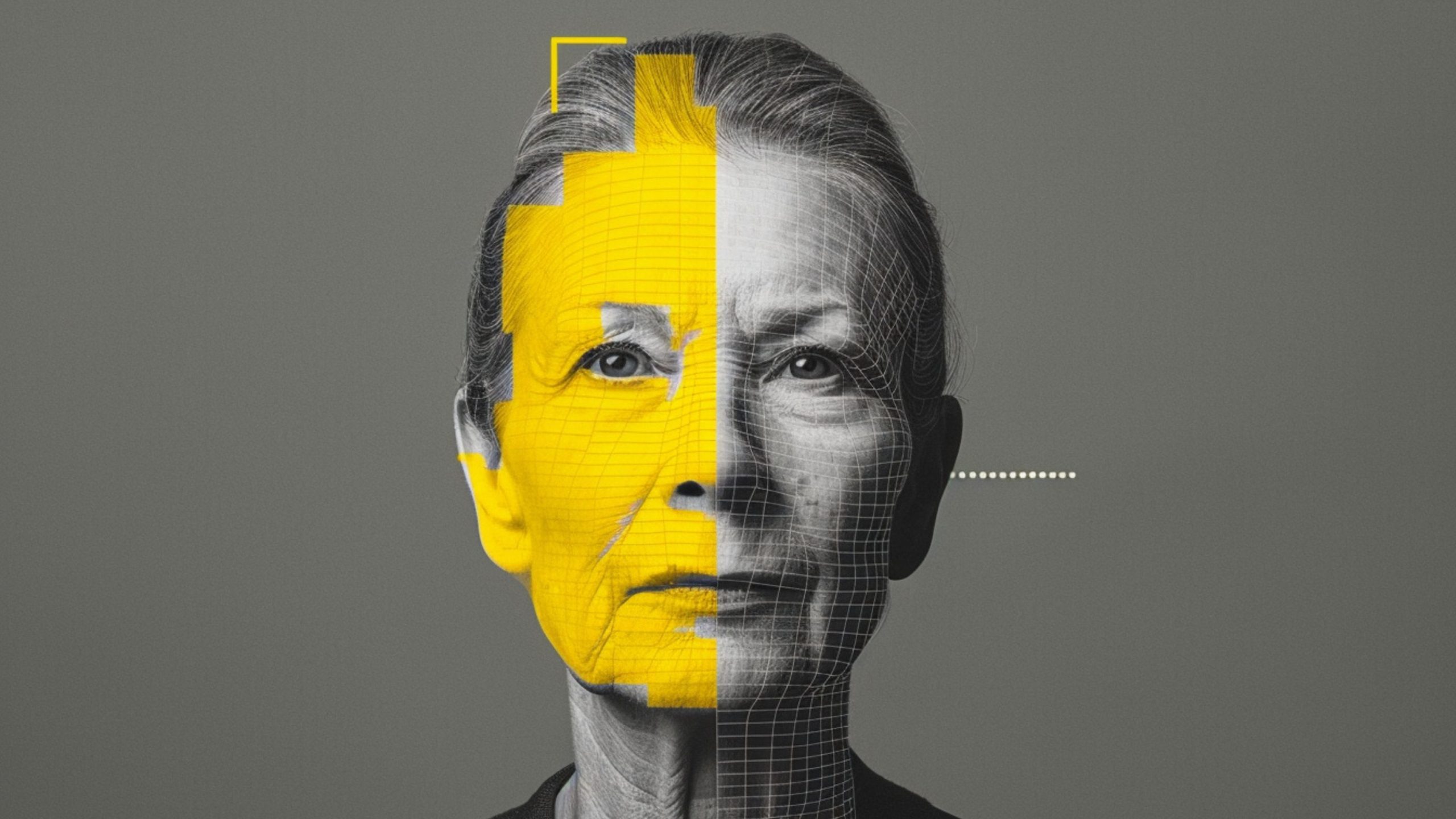 A digitally altered portrait of an older woman, with the left side of her face in yellow and covered with grid-like patterns, while the right side is in grayscale with a wireframe overlay. The background is a plain grey.