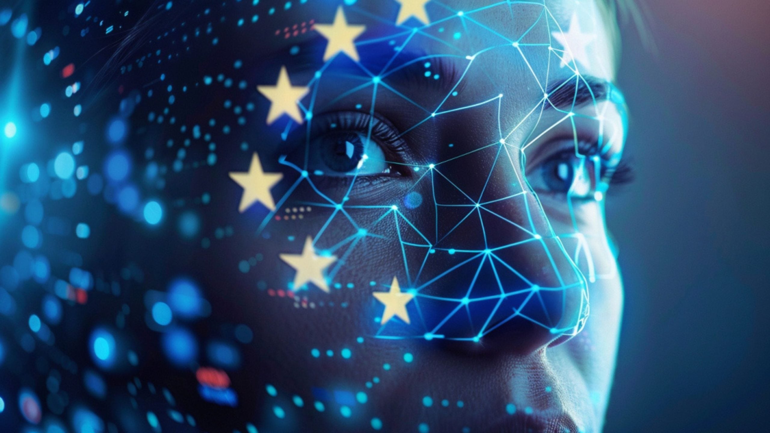 A close-up of a person's face with a digital network overlay and yellow stars, resembling the European Union flag, integrated into the design.