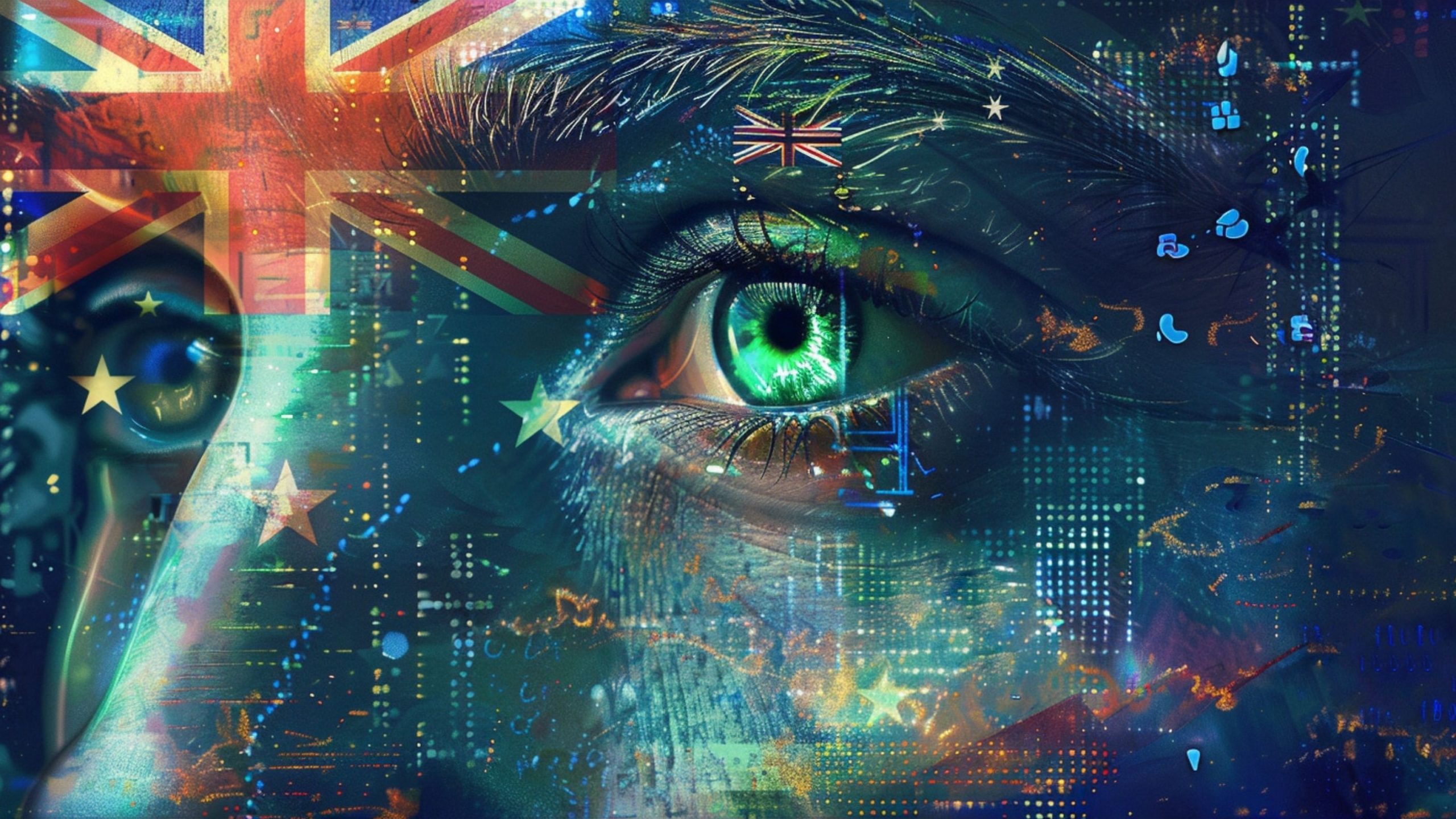 A digital art composition featuring a close-up of a human eye overlaid with patterns, digital elements, and partial images of flags, creating a futuristic and abstract effect.