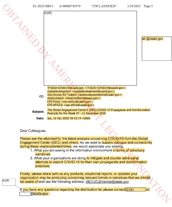 An image of an email document marked 'UNCLASSIFIED' from February 28, 2025. The email is addressed to various recipients, with the subject concerning COVID-19 propaganda and disinformation products for December 7-11, 2020. The text highlights requests for insight on adversarial narratives and mitigation strategies. It includes contact details for internal sharing and distribution queries, with some information redacted for privacy. The document has a watermark stating 'OBTAINED BY AMERICAN LEGISLATION.'