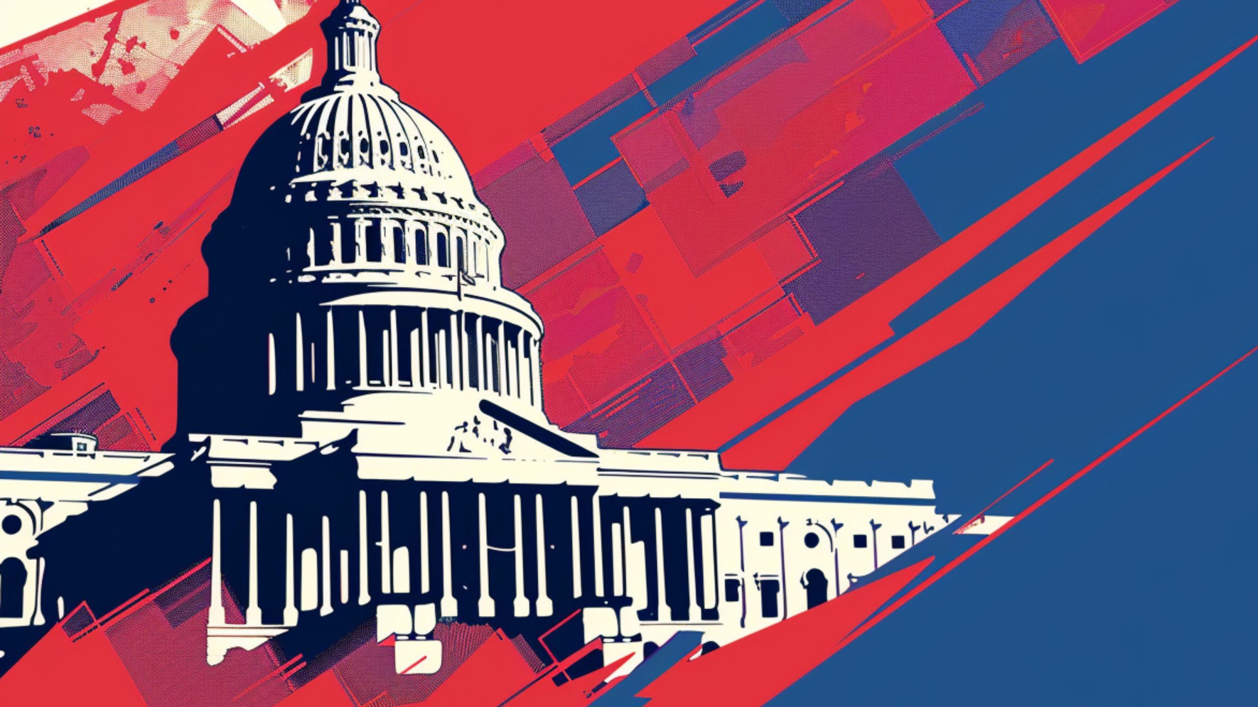 Stylized illustration of the US Capitol building with a geometric, abstract background in red and blue tones.