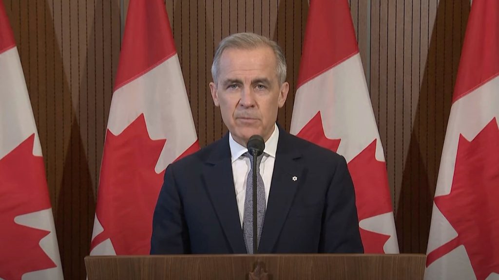 Mark Carney in a suit speaking at a podium, with Canadian flags in the background.