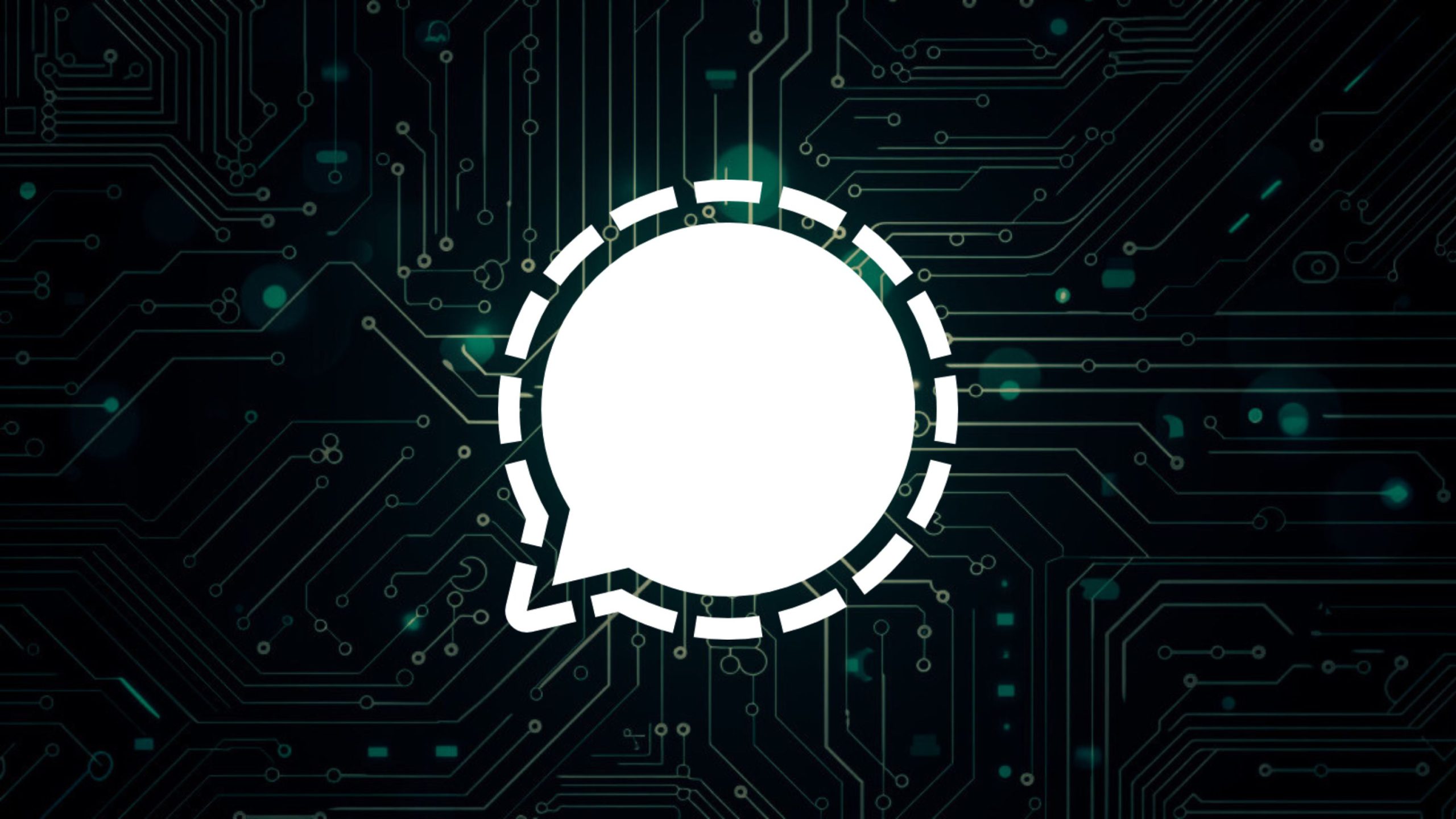 A stylized chat bubble icon with a broken line border is centered on a dark background resembling a circuit board.