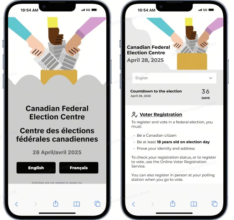 Two smartphone screens showing the Canadian Federal Election Centre webpage, with multilingual options for English and French. The first screen displays the election date as April 28, 2025, with a graphic of diverse hands placing ballots in a box. The second screen includes voter registration details, a countdown to the election with 36 days remaining, and requirements to vote, such as being a Canadian citizen and at least 18 years old on election day.