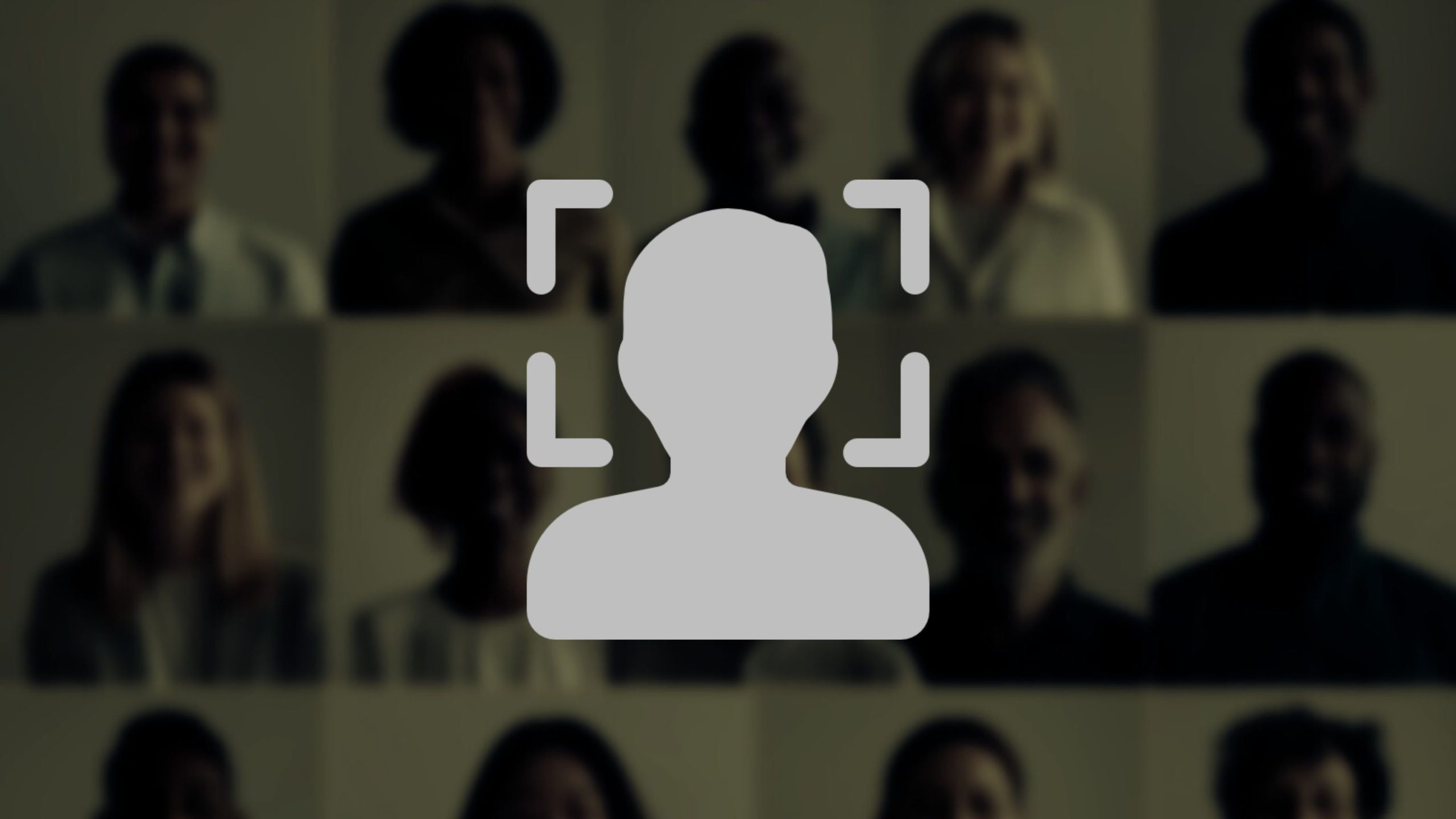 Silhouetted icon of a person within a focus frame overlay on a blurry grid of diverse people's portraits in the background.