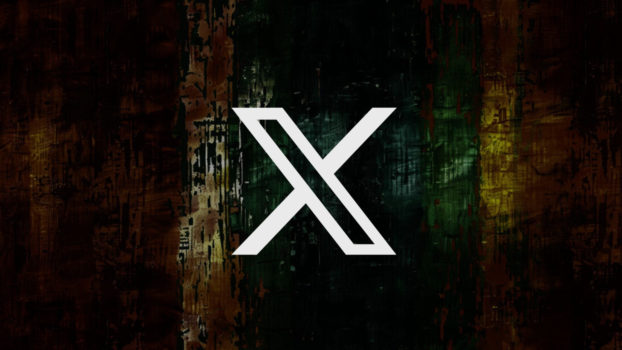 A stylized white letter 'X' on a textured, abstract background with dark green, brown, and yellow hues.