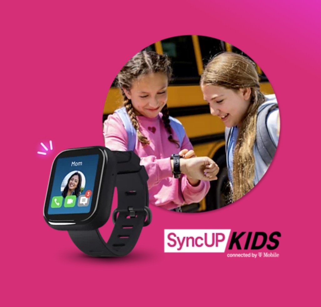 Two children are smiling at a smartwatch on one child's wrist, with a separate image of the watch showing a call from "Mom." The background is pink with the text "SyncUP KIDS connected by T-Mobile."