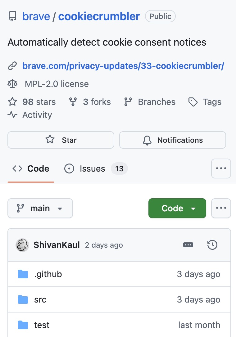 GitHub repository page for brave/cookiecrumber with description 'Automatically detect cookie consent notices', MPL-2.0 license, 98 stars, 3 forks, and main branch showing folders .github, src, and test with respective update times.