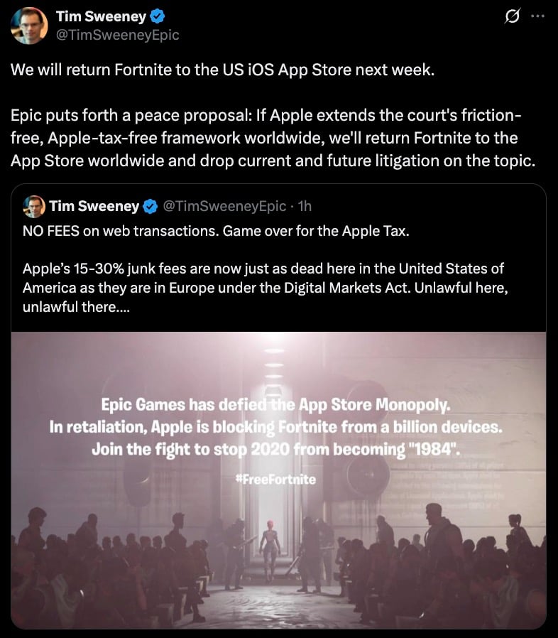Screenshot of a tweet from Tim Sweeney stating that Fortnite will return to the US iOS App Store next week if Apple extends its friction-free, Apple-tax-free framework worldwide, with an embedded tweet discussing Apple’s 15-30% junk fees and a background image from Fortnite with the message about Epic Games defying the App Store monopoly and calling to stop 2020 from becoming '1984' under hashtag #FreeFortnite.