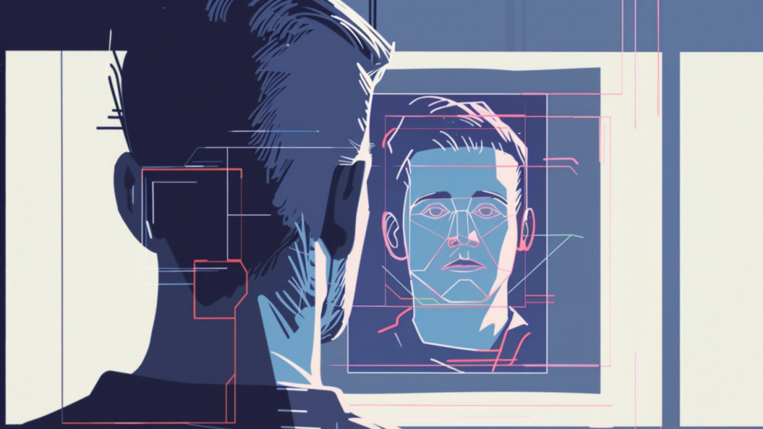 A person standing in front of a screen displaying a digital facial recognition interface, with geometric lines outlining a face on the screen, indicating biometric analysis.
