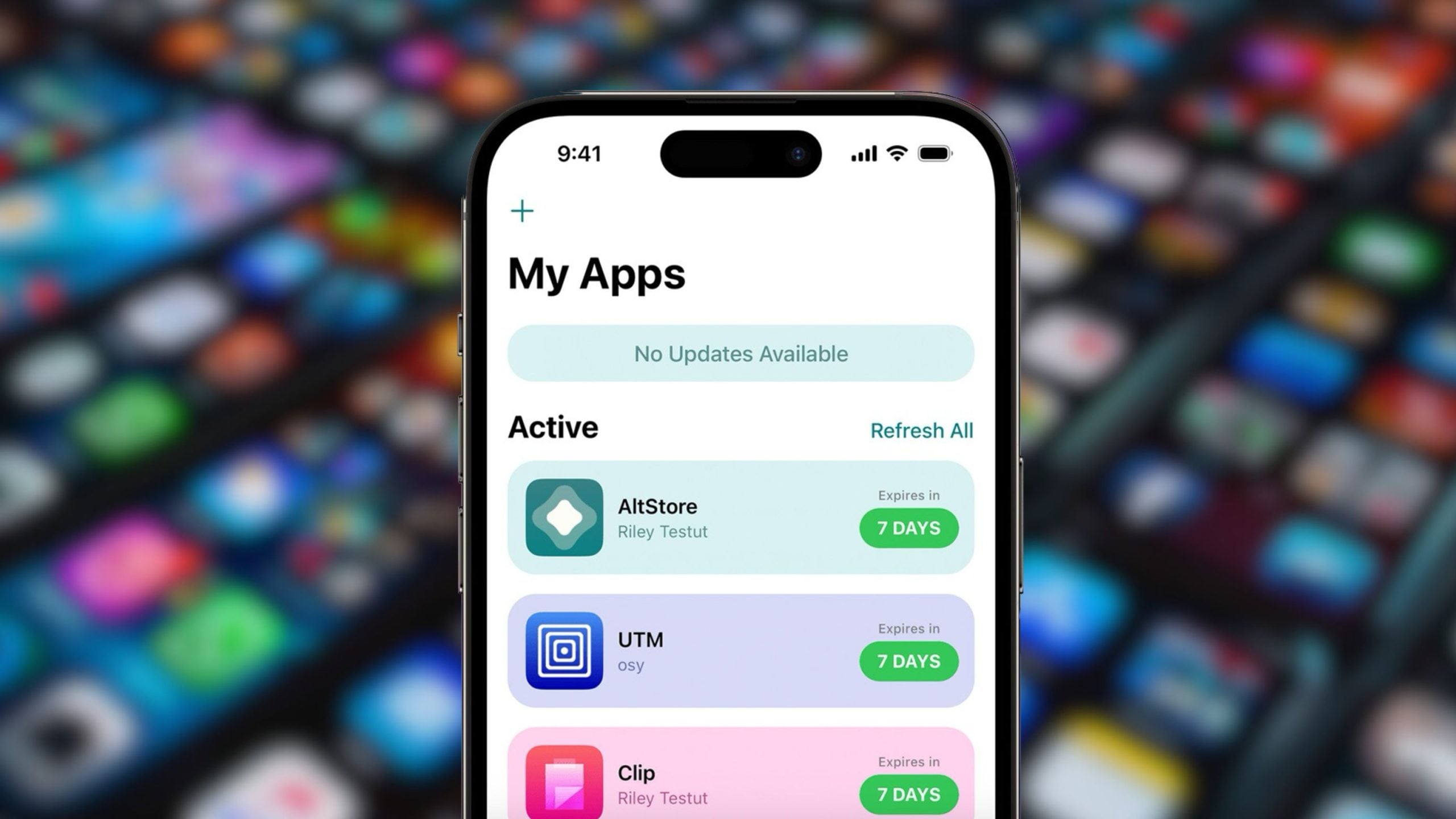 Smartphone screen displaying an app management interface titled My Apps, showing three active apps named AltStore, UTM, and Clip, each with an expiration label indicating 7 days left and a Refresh All option, against a blurred colorful app grid background.