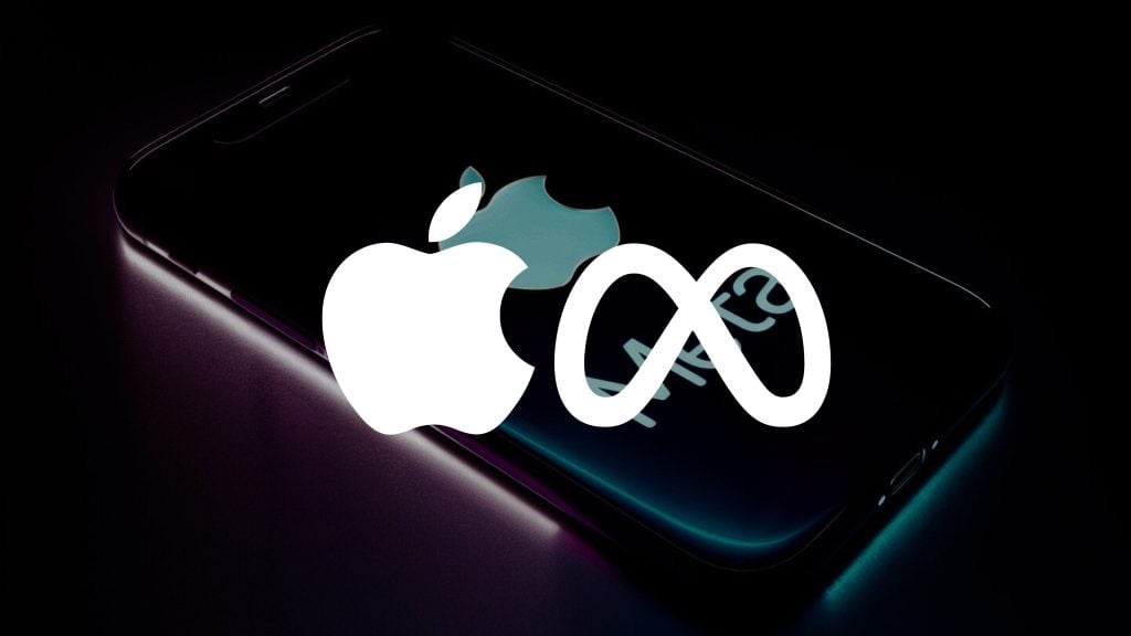 An Apple iPhone lying flat with its Apple logo faintly visible on the screen, overlaid with large white semi-transparent logos of Apple and Meta side by side against a dark background.