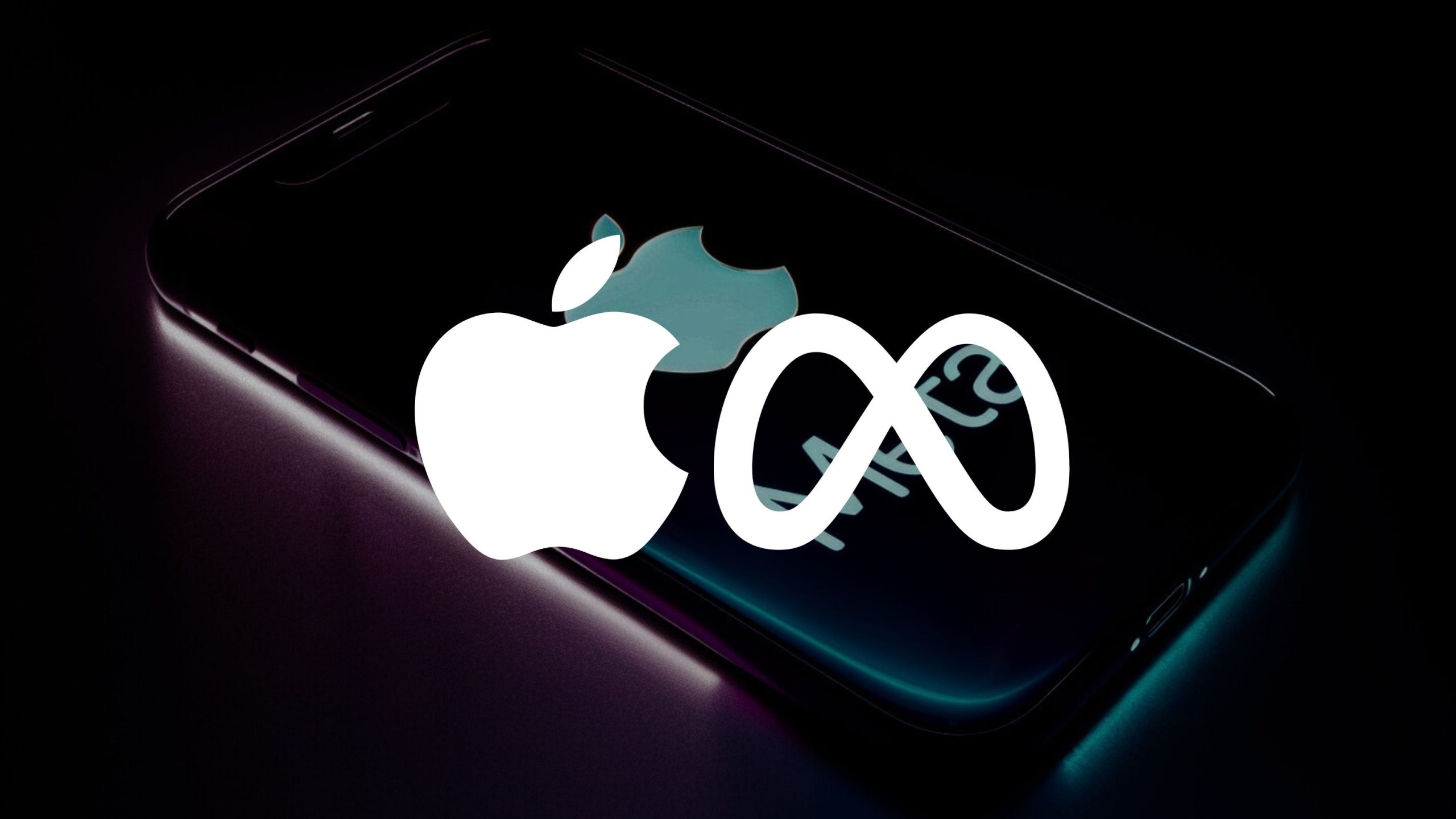 An Apple iPhone lying flat with its Apple logo faintly visible on the screen, overlaid with large white semi-transparent logos of Apple and Meta side by side against a dark background.