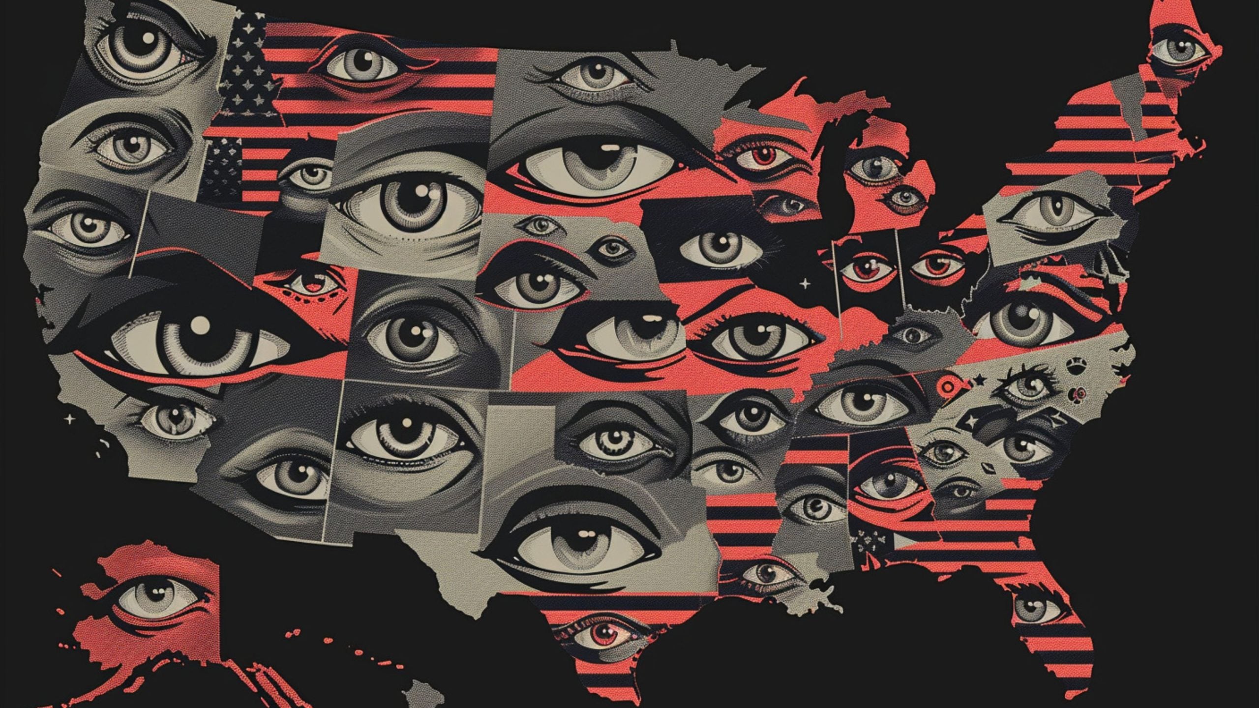 Illustrated map of the United States with each state containing an artistic eye design, featuring a color scheme of red, black, and gray, some states also incorporate American flag stripes and stars.