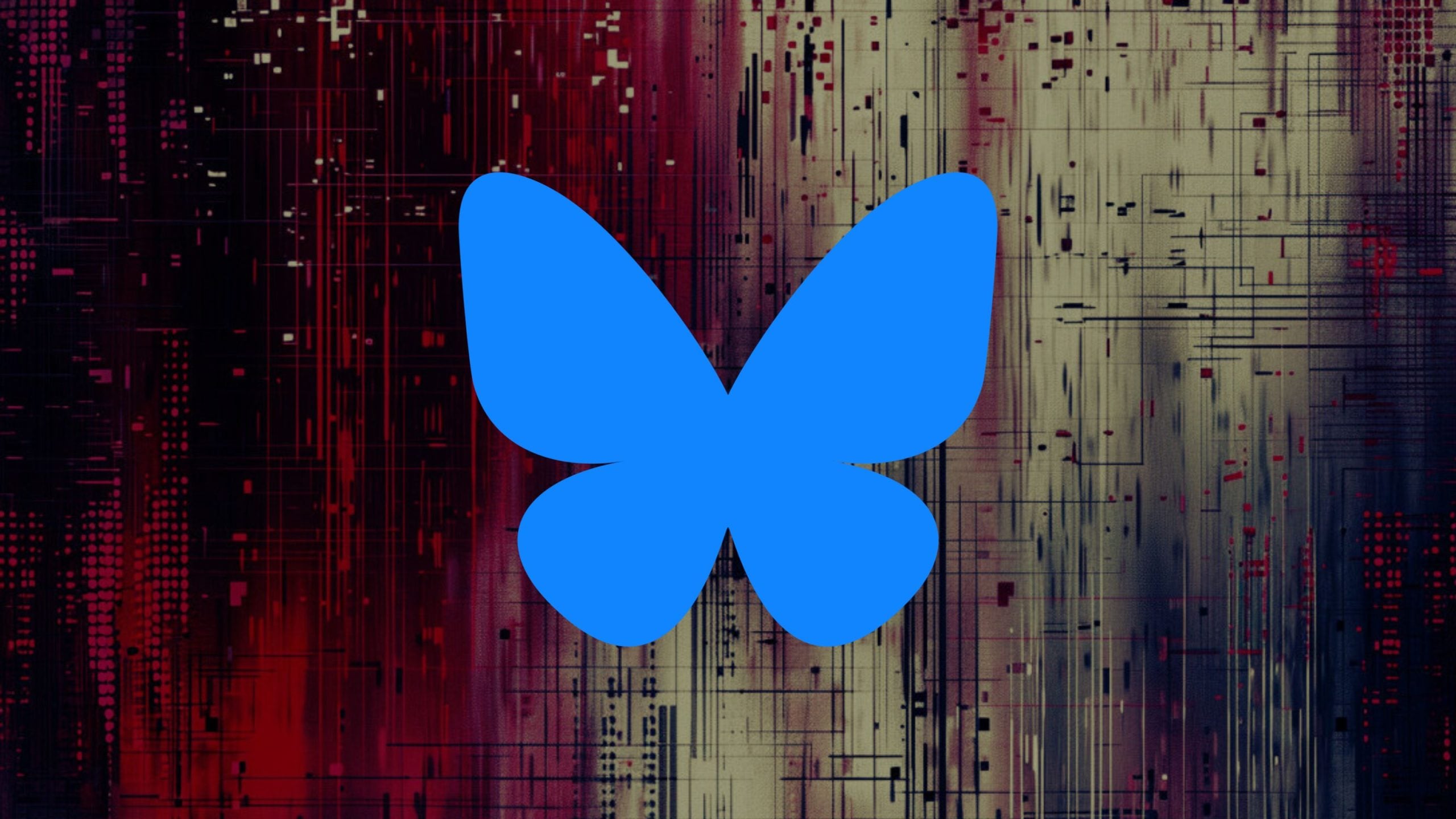 Blue butterfly silhouette centered on a dark abstract background with red, black, and beige geometric lines and patterns