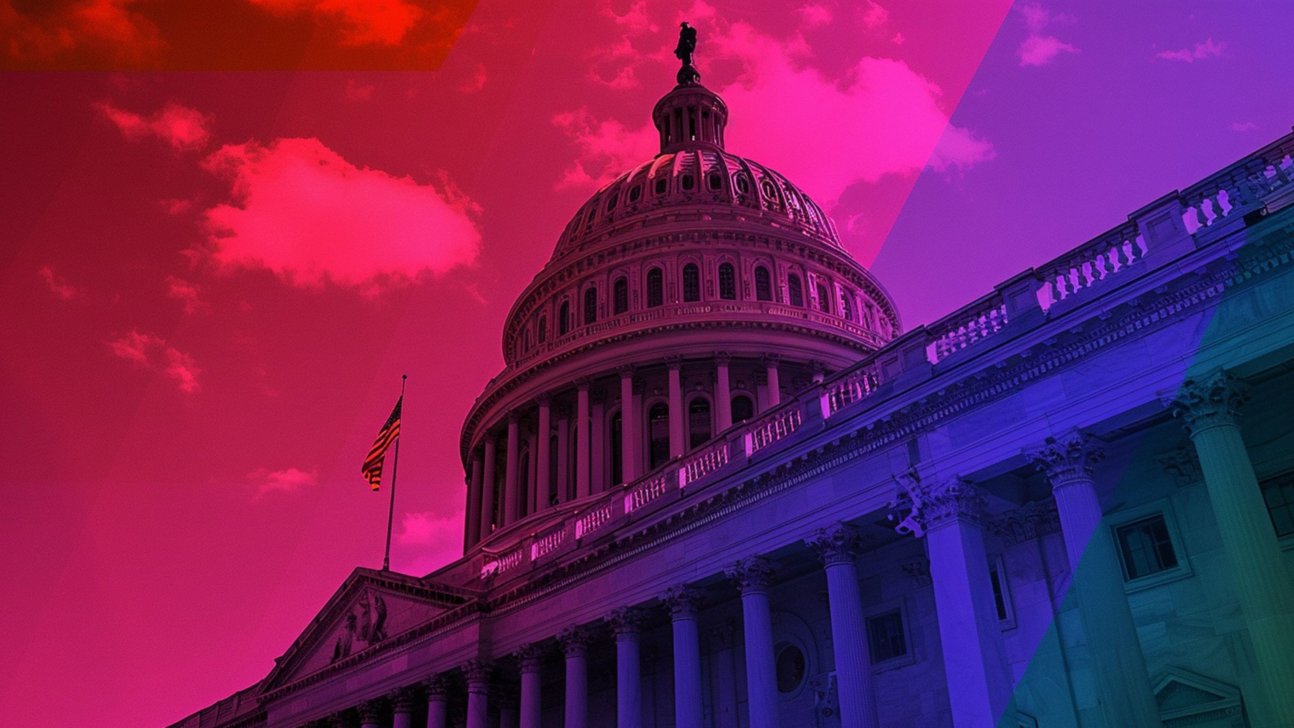 The United States Capitol building with a colorful overlay of red, pink, and purple hues, highlighting its dome and columns, set against a sky with scattered clouds.