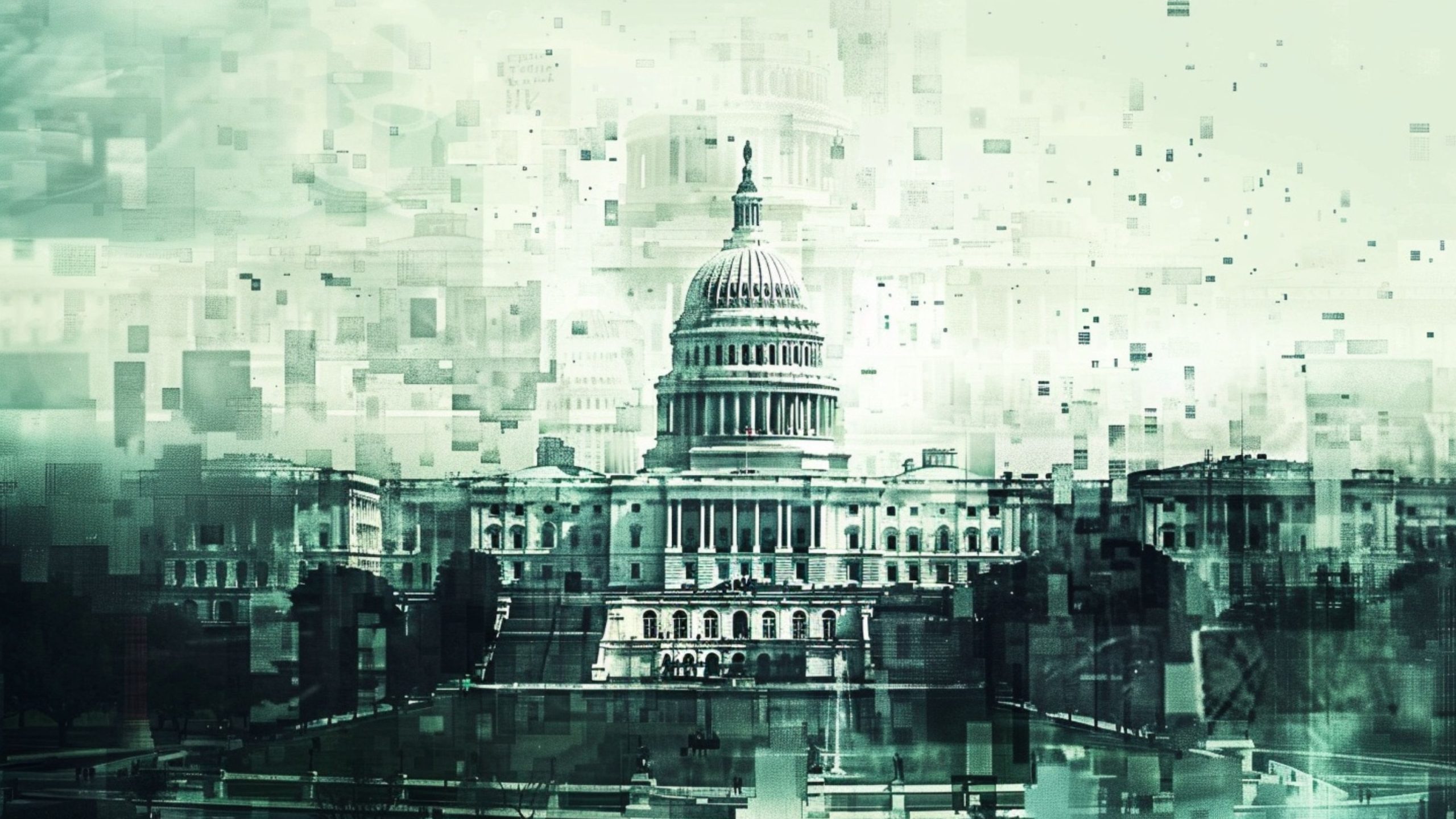 A digital art representation of the United States Capitol building with a pixelated, abstract overlay, creating a futuristic and technological effect.