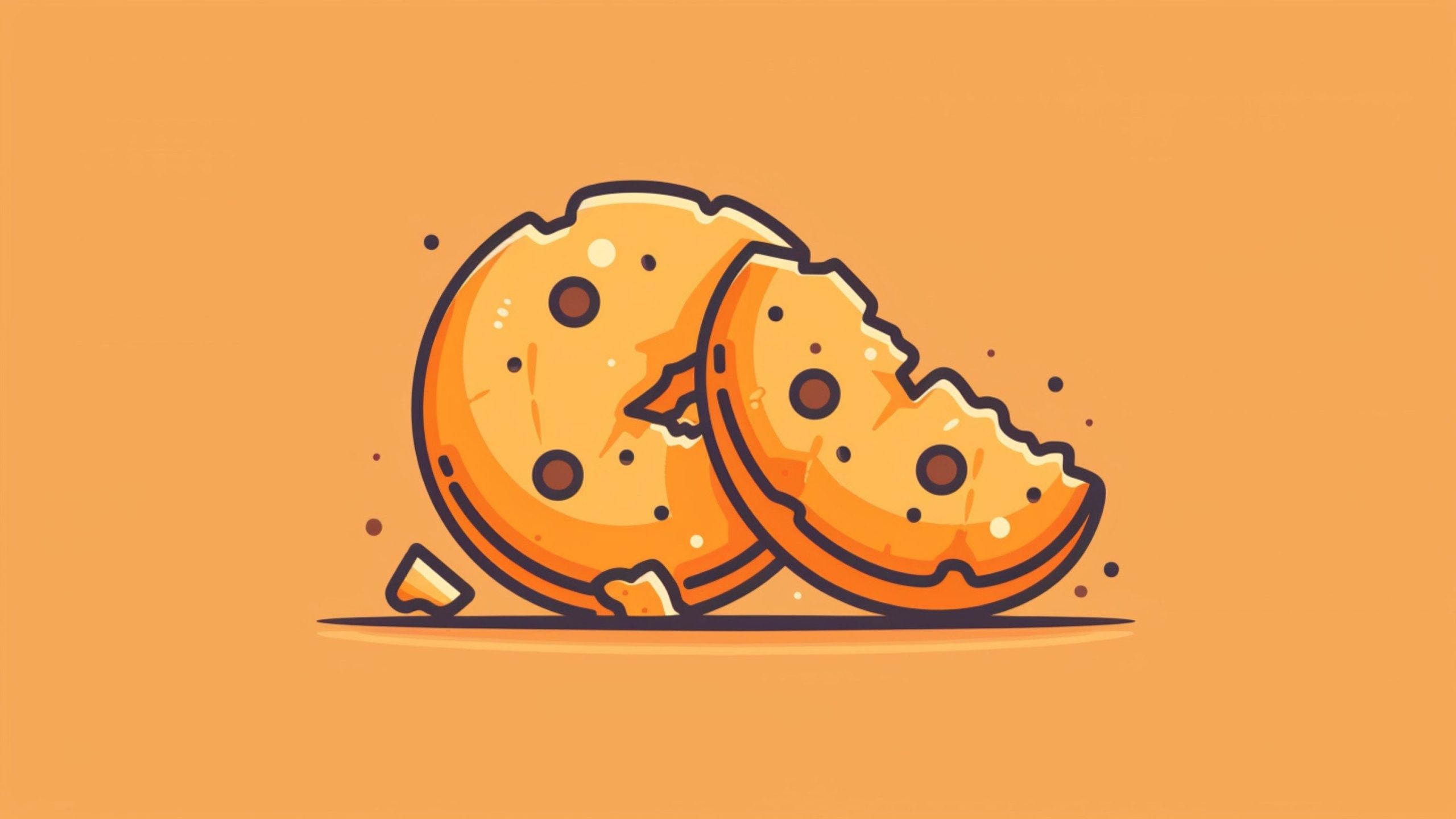 Illustration of two broken chocolate chip cookies with crumbs on an orange background.