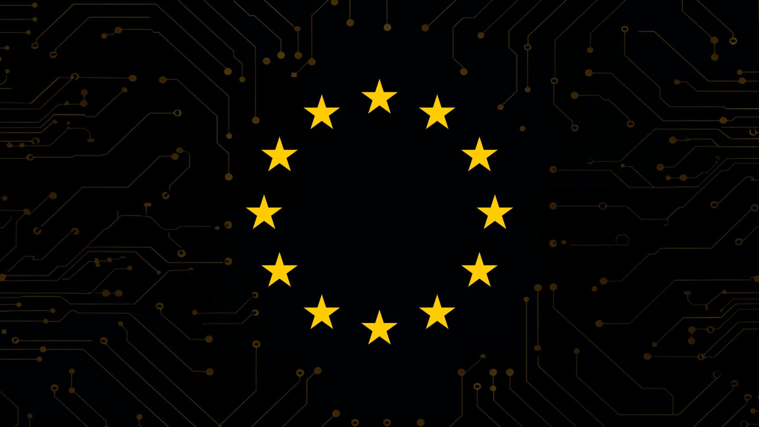A circle of twelve yellow stars on a black background with circuit-like lines, resembling a digital version of the European Union flag.