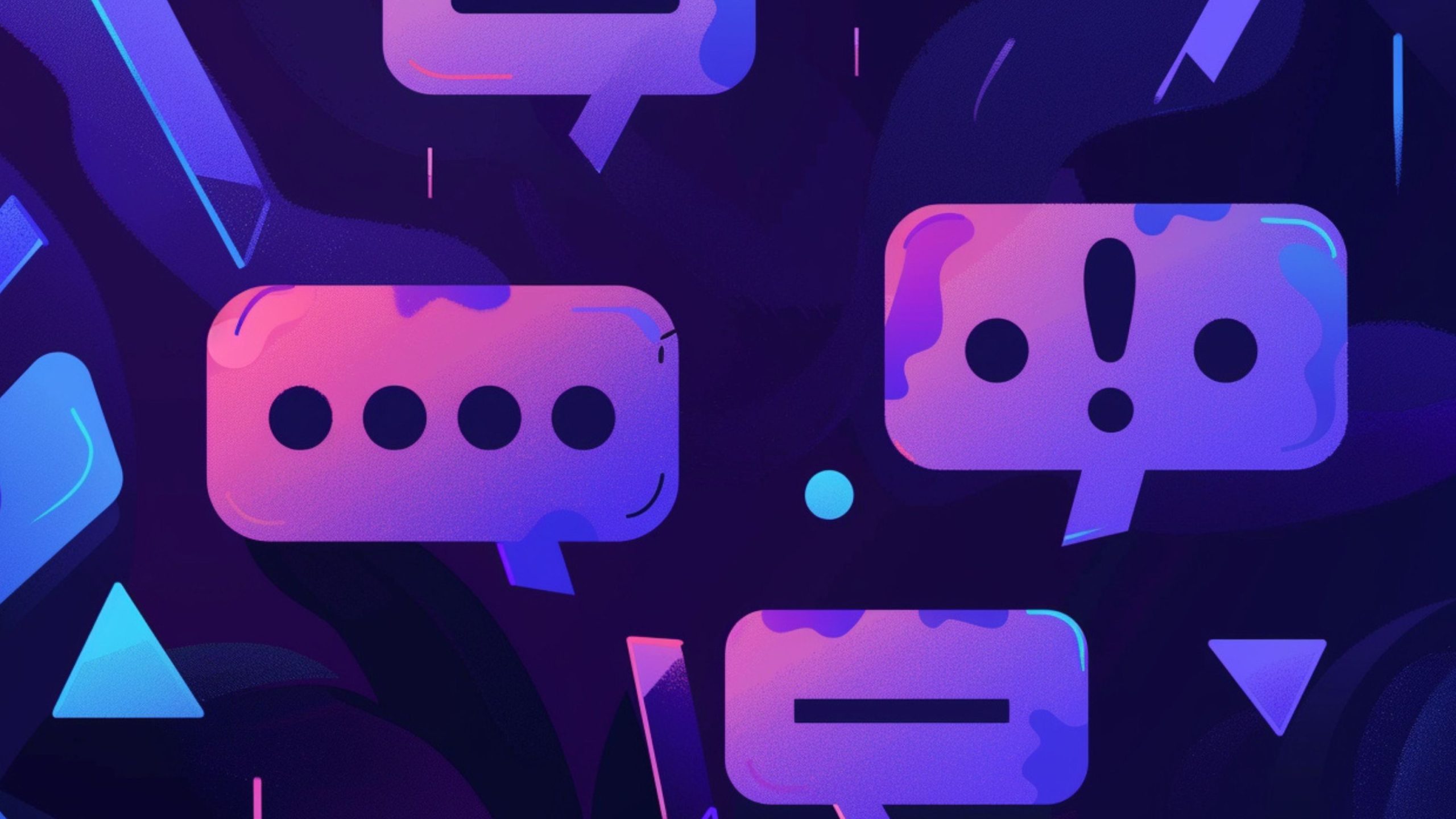 Abstract illustration of speech bubbles with various symbols, including ellipses and exclamation marks, in vibrant pink and blue hues on a dark background.