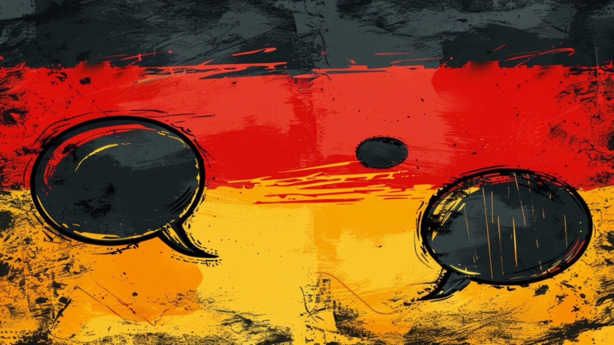 Abstract painting featuring the colors of the German flag—black, red, and gold—with two large black speech bubbles and a smaller black dot over the red area.