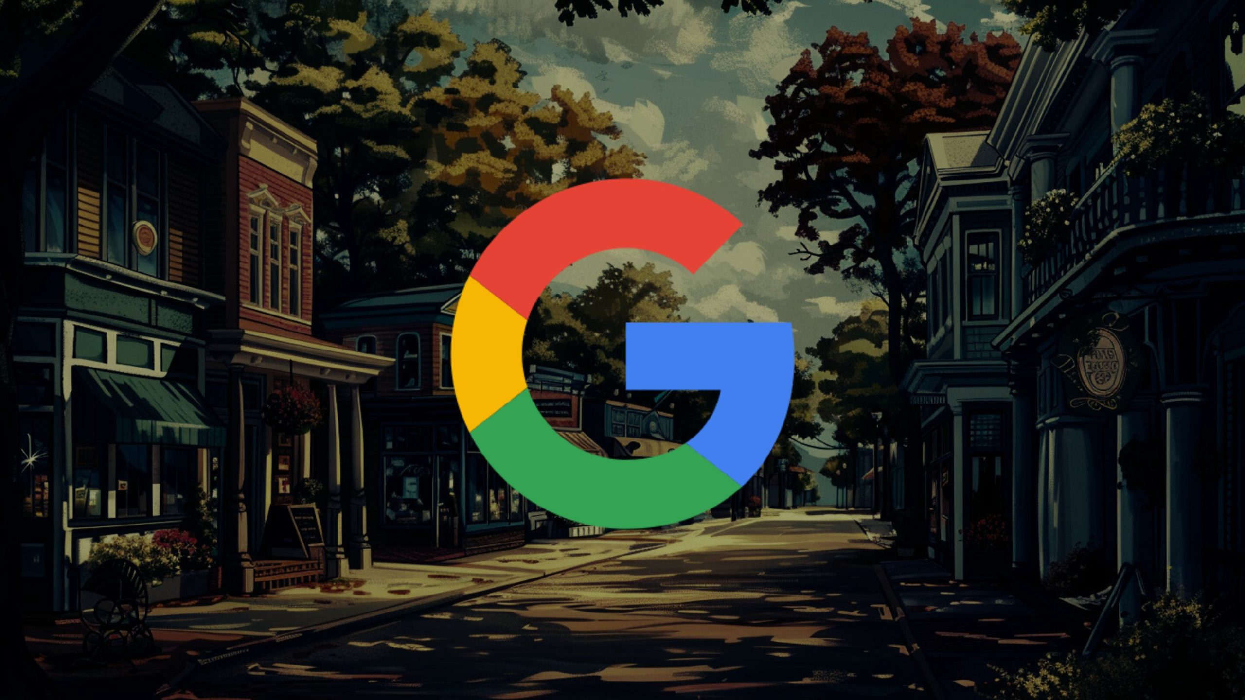 Illustrated quiet street scene in a small town with old-style buildings and trees, overlaid with a large multicolored Google logo in the center
