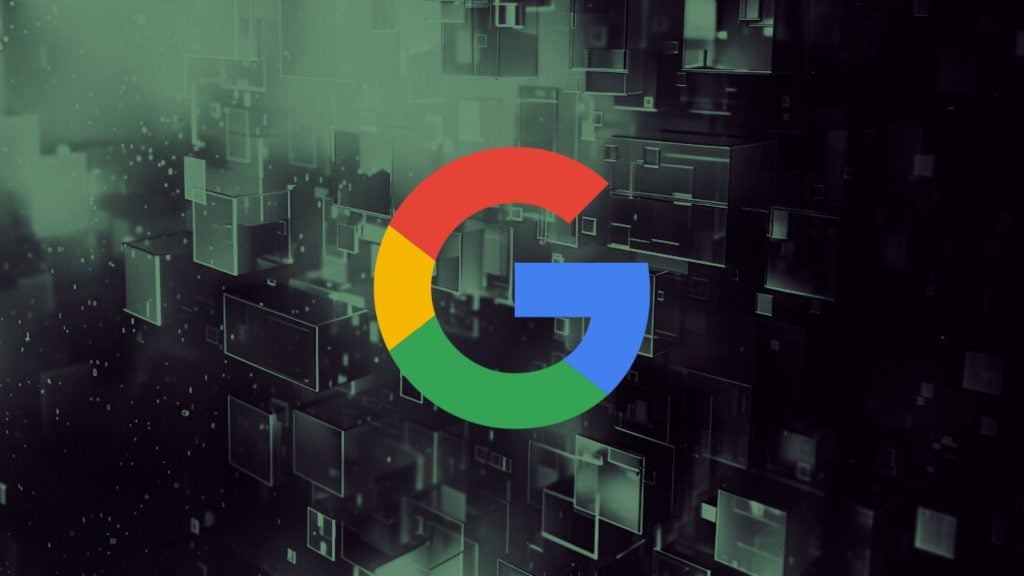 Multicolored Google logo with red, yellow, green, and blue segments over a dark green and black background featuring floating translucent cubes and squares