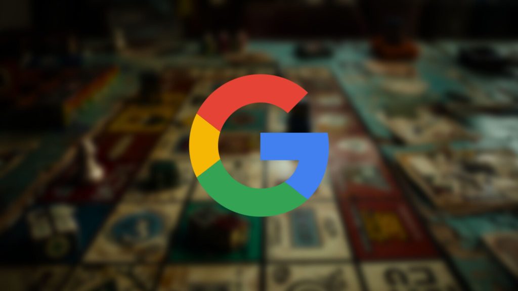 Google logo over a blurred background of a Monopoly board game setup