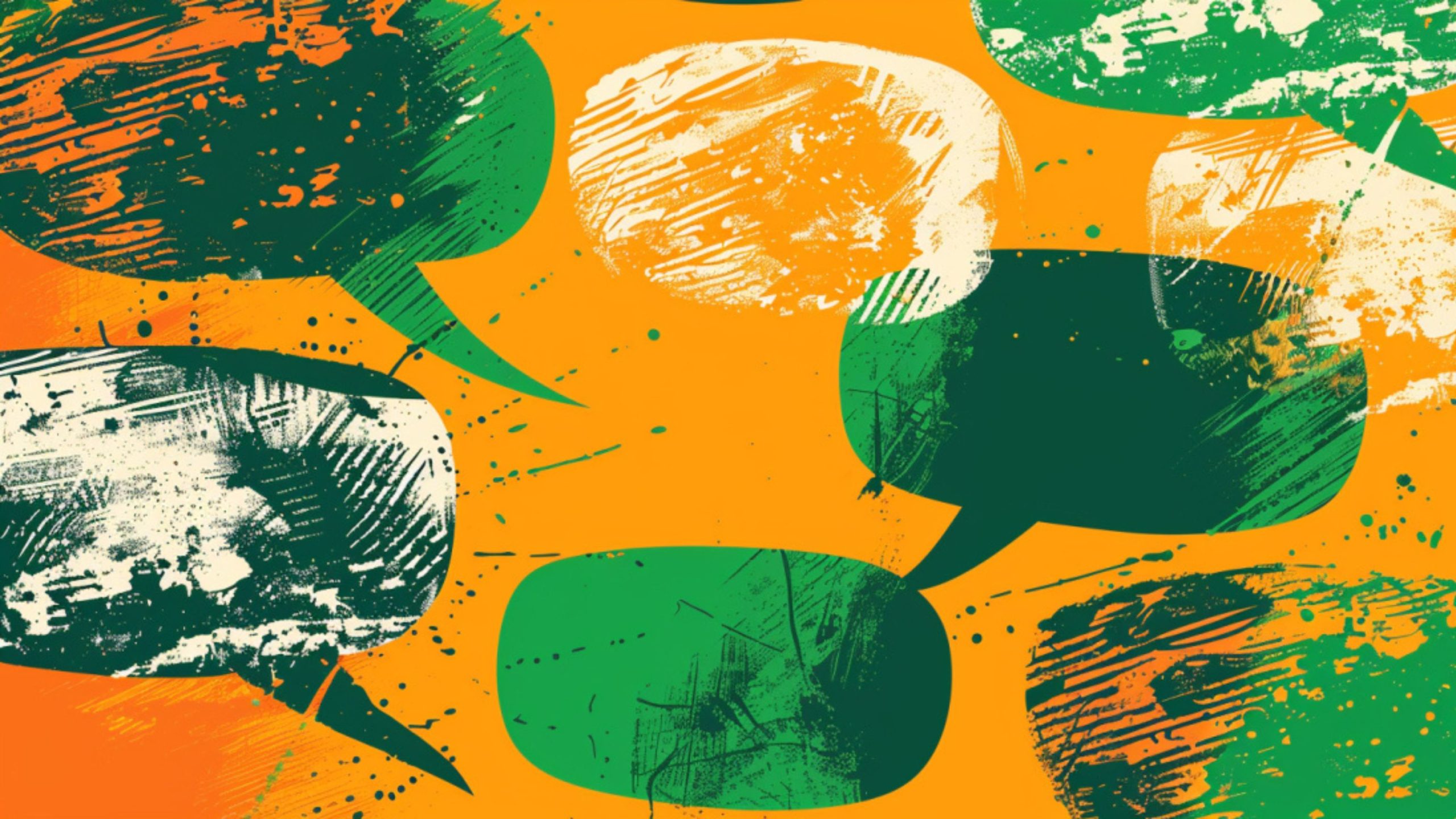 Abstract background with multiple textured speech bubbles in green, dark green, and cream colors on an orange backdrop.