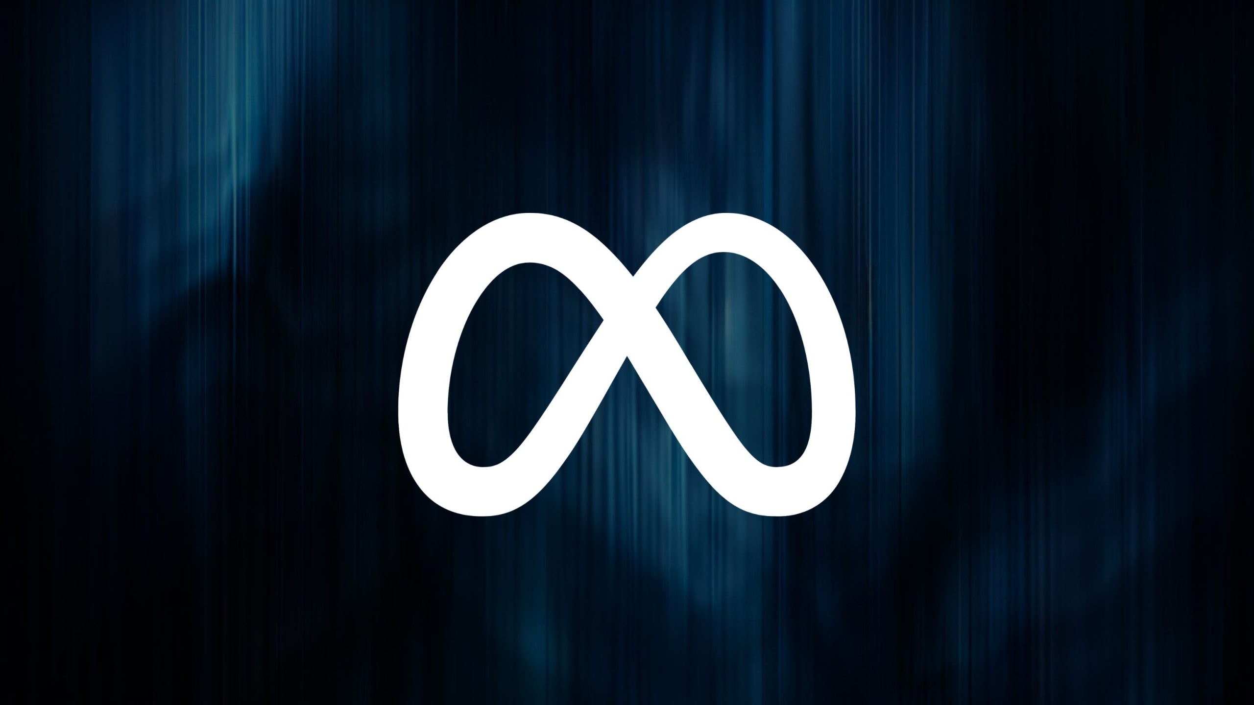 White Meta logo, an infinity-shaped stylized 'M', centered on a dark blue abstract vertical streaked background.