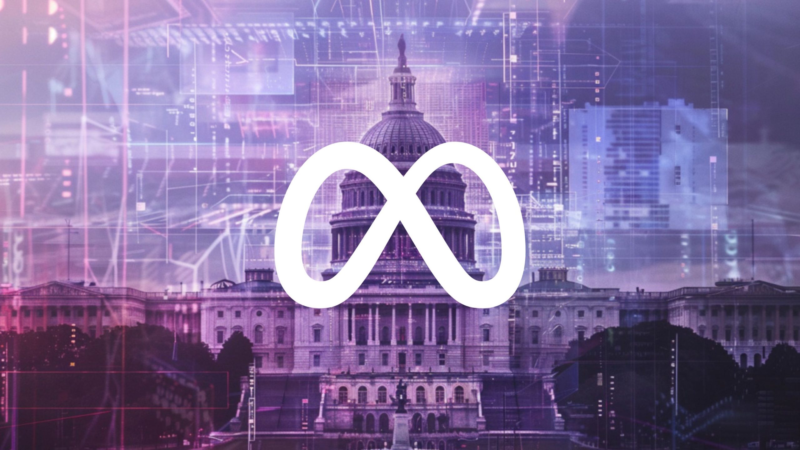 The United States Capitol building overlaid with digital data patterns in blue and purple hues.