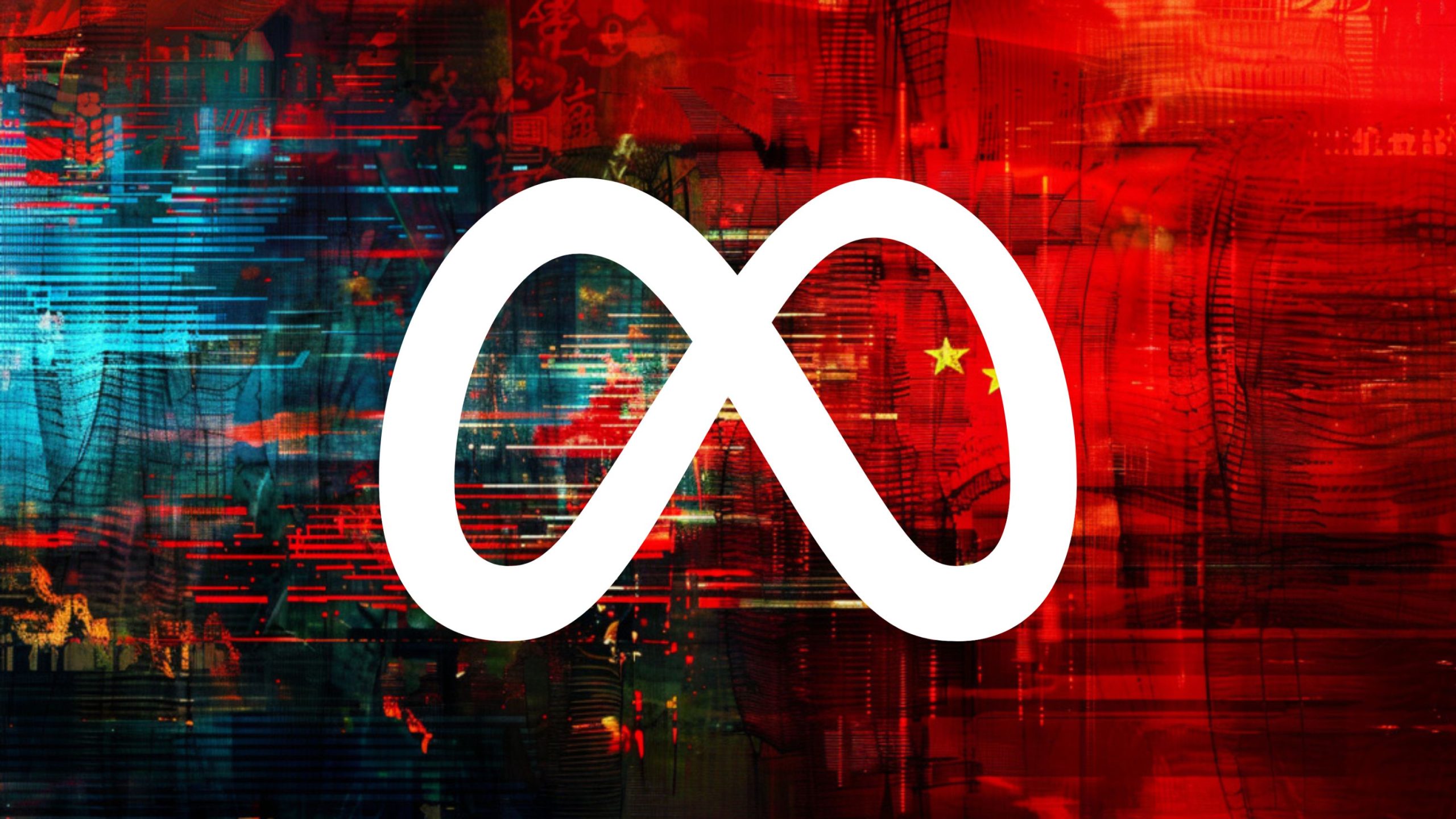 A stylized white infinity loop symbol over a digital collage with red and blue tones, featuring elements like abstract lines and the Chinese flag with yellow stars in the background.