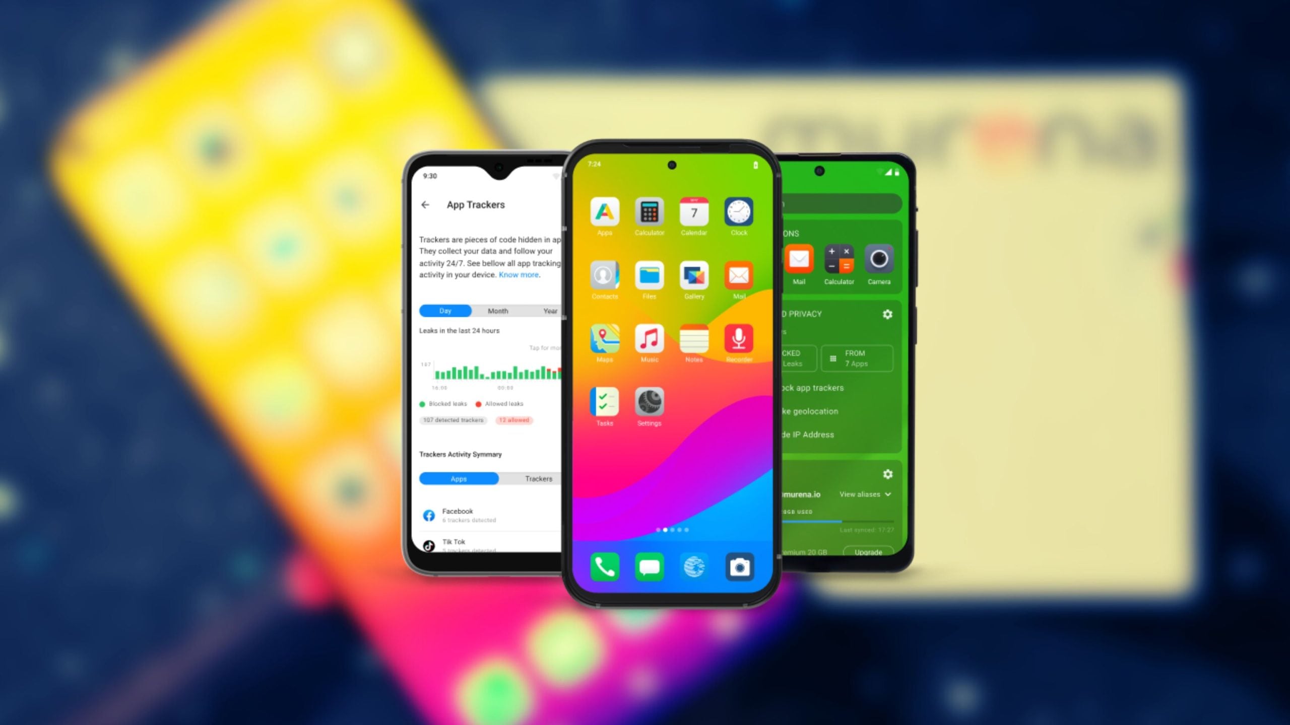 Three smartphones displaying different app screens: the left phone shows an app trackers summary with graphs and details, the center phone shows a colorful home screen with app icons, and the right phone shows a green privacy app screen with options and settings.