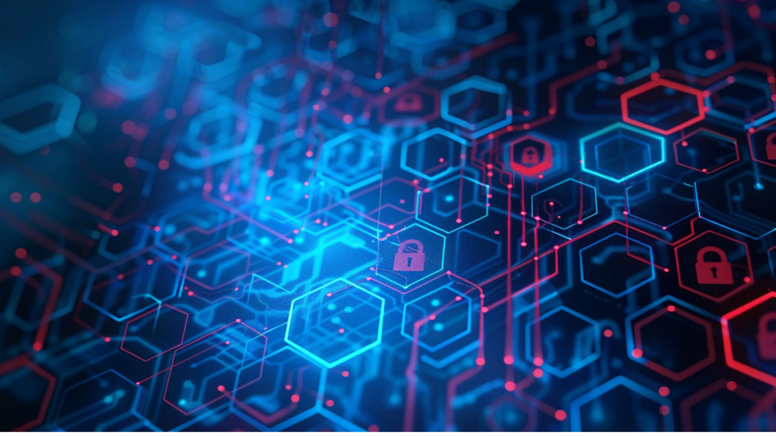 A digital abstract image featuring interconnected hexagons in blue and red with lock symbols, representing cybersecurity and data protection.