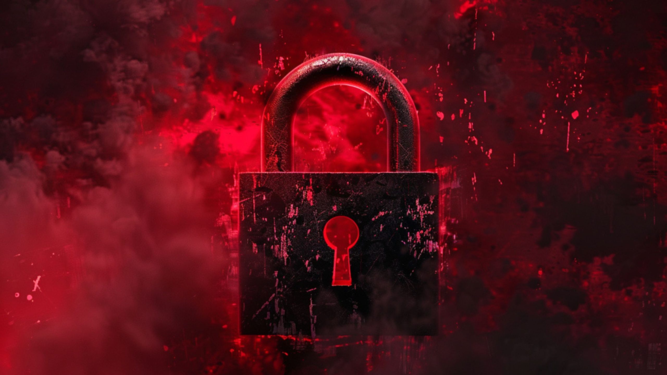 A dark padlock against a smoky red and black background, with a prominent keyhole visible in the center.