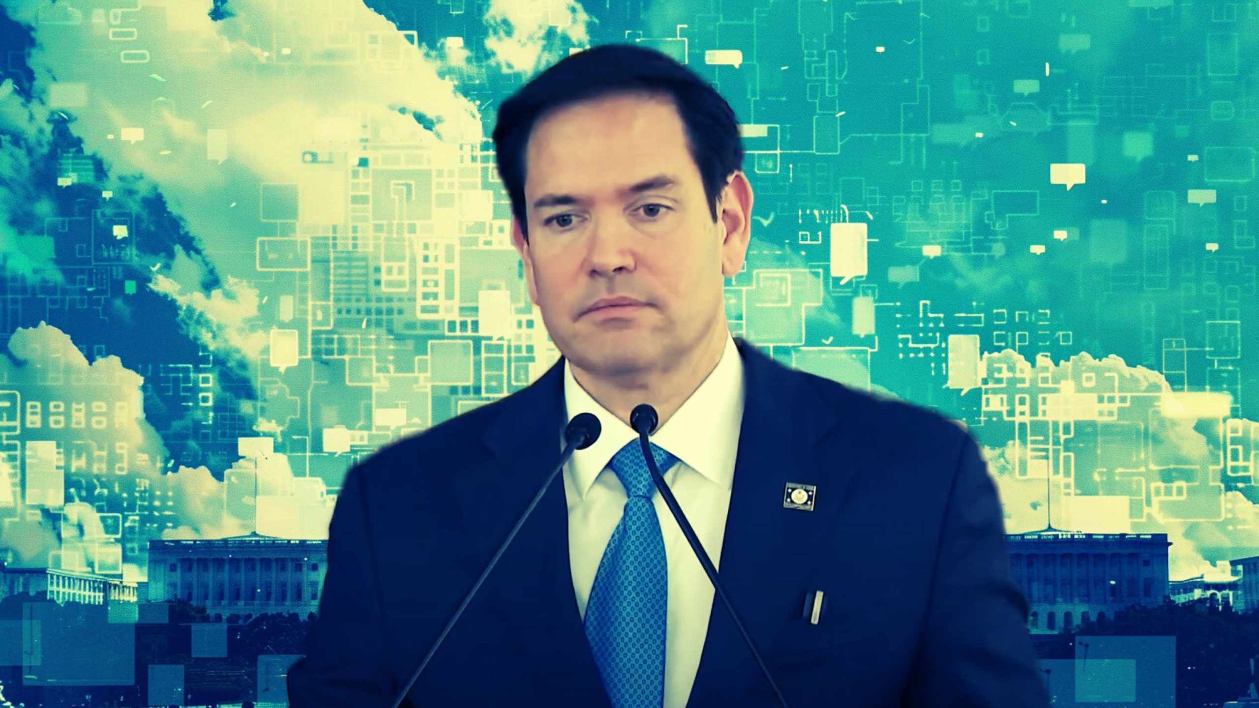 Rubio in a suit and blue tie speaking at two microphones with a digital cloud and technology-themed background featuring various speech bubble and square icons.